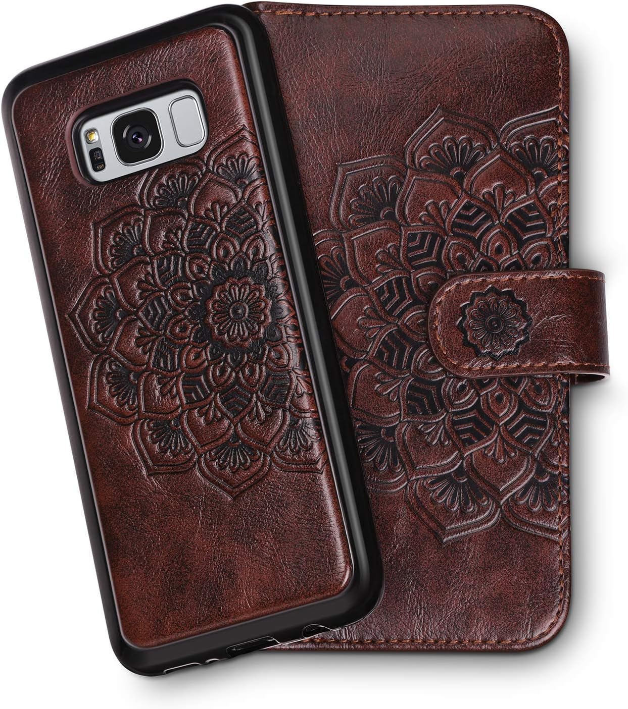 Vofolen 2-in-1 Case for Galaxy S8 Case Wallet Credit Card Holder ID Slot Detachable Strap Hybrid Protective Slim Hard Shell Magnetic PU Leather Folio Pocket Flip Cover Case for Galaxy S8 Mandala Brown