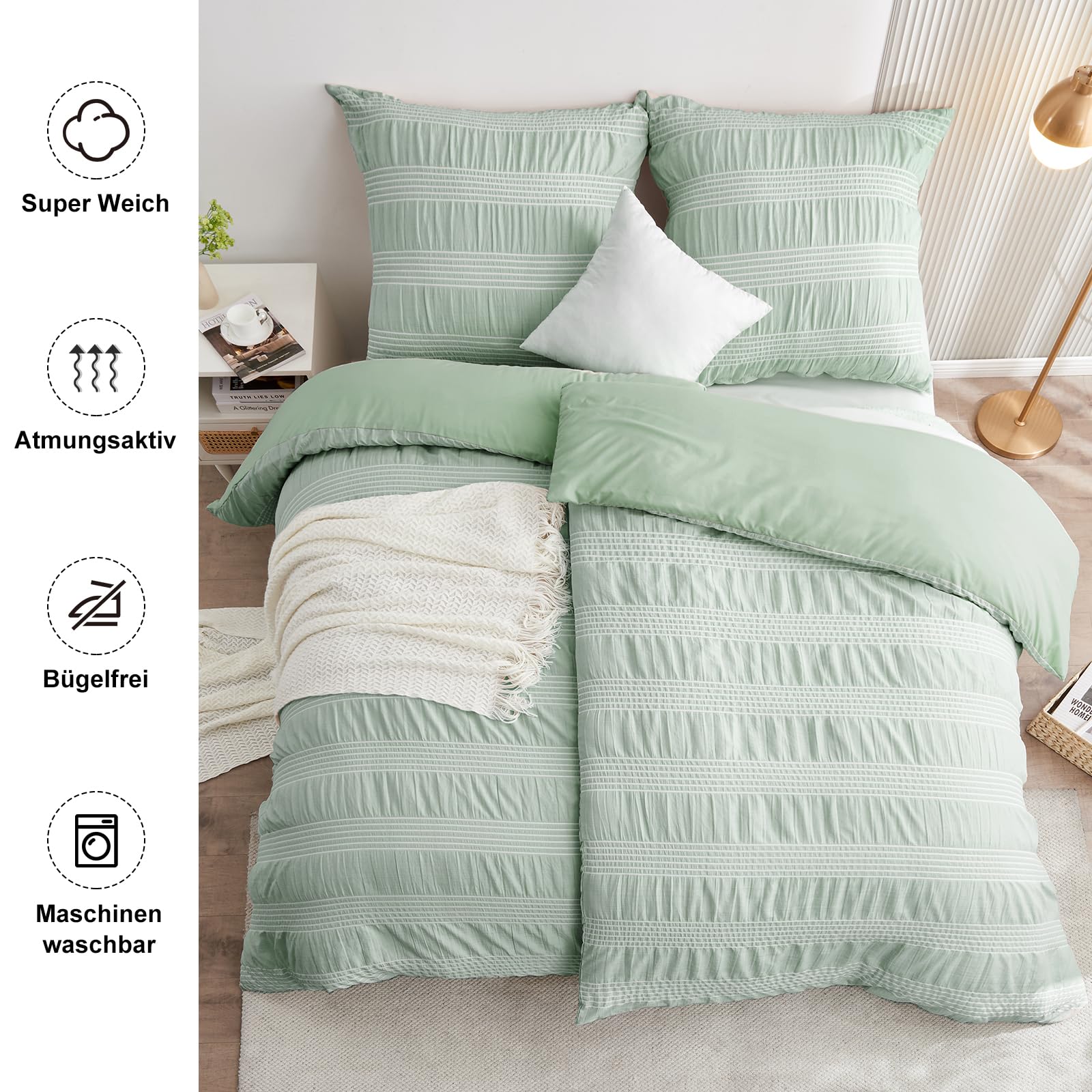 Qucover Funda Nordica Cama 135/150 - Verde Fundas para Edredón 200x200cm con 2 Fundas de Almohada 80x80cm, 3 Piezas Juego de Ropa de Cama de Diseño de Rayas Blancas con Cremallera