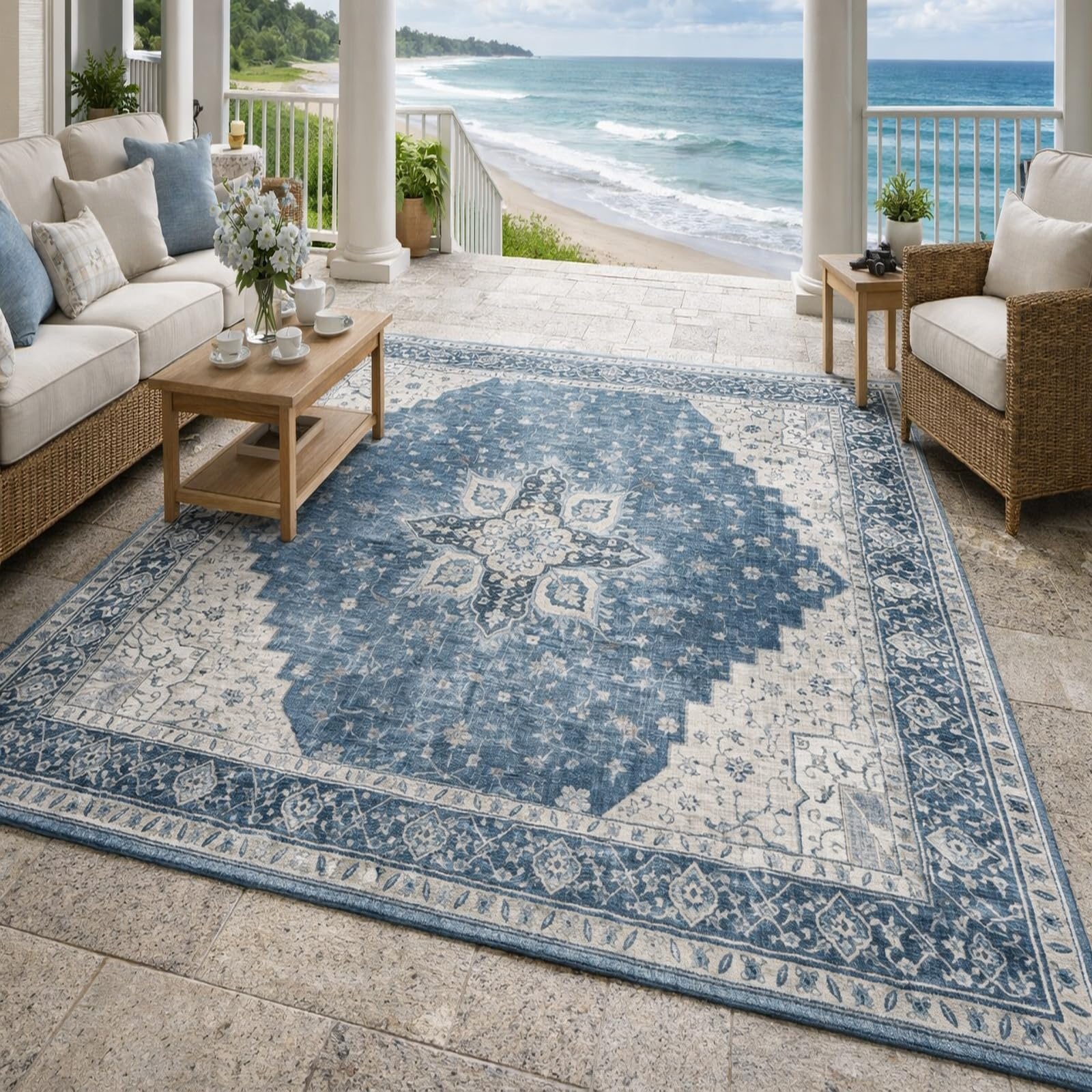 Grand tapis salon vintage de prestige aux reflets bleu gris 200x280