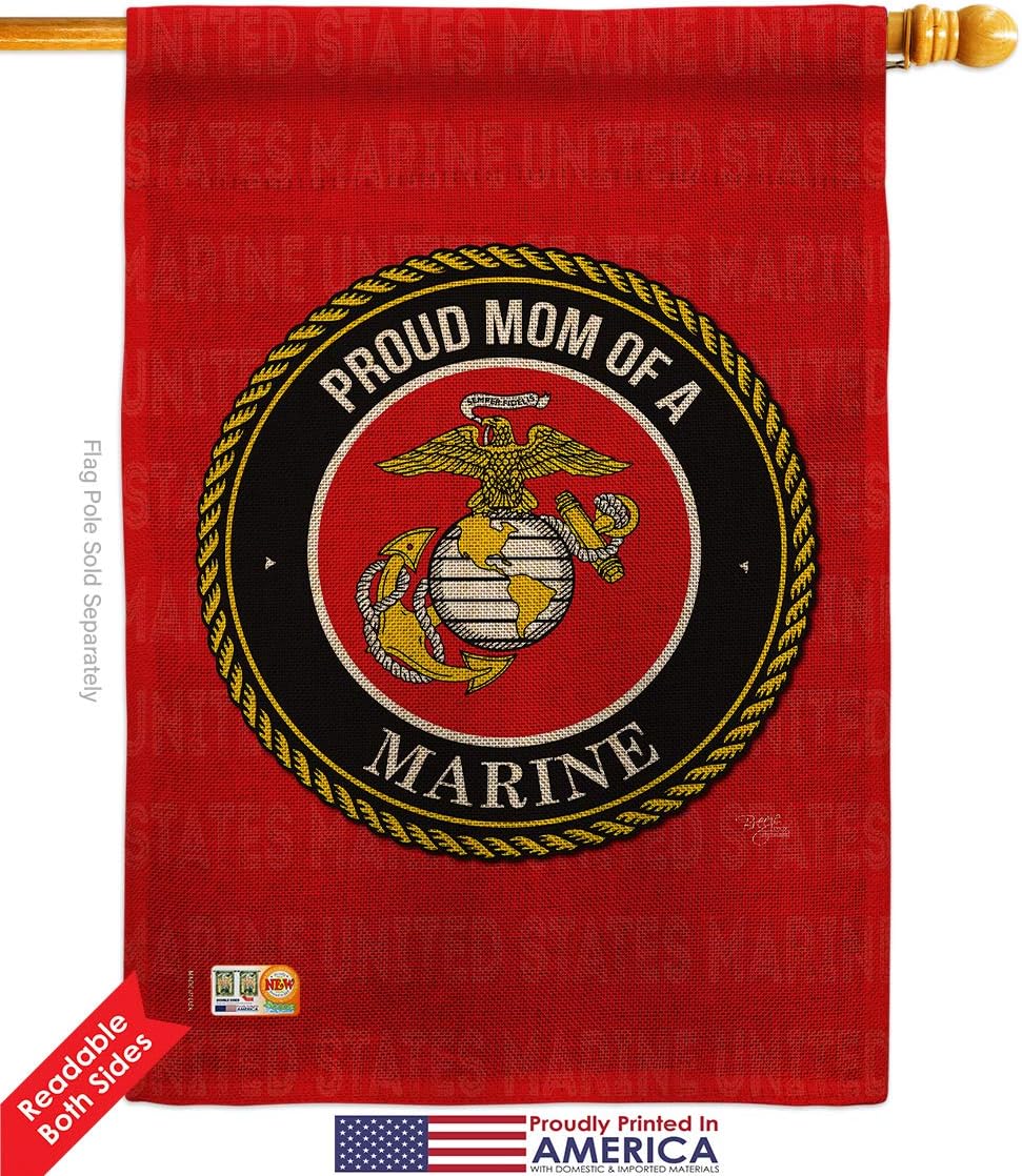 Marine Corps Proud Mom Marines Burlap House Flag Armed Forces USMC Semper Fi United State American Military Veteran Retire Official Small Decorative Gift Yard Banner Double-Sided Made In USA 28 X 40