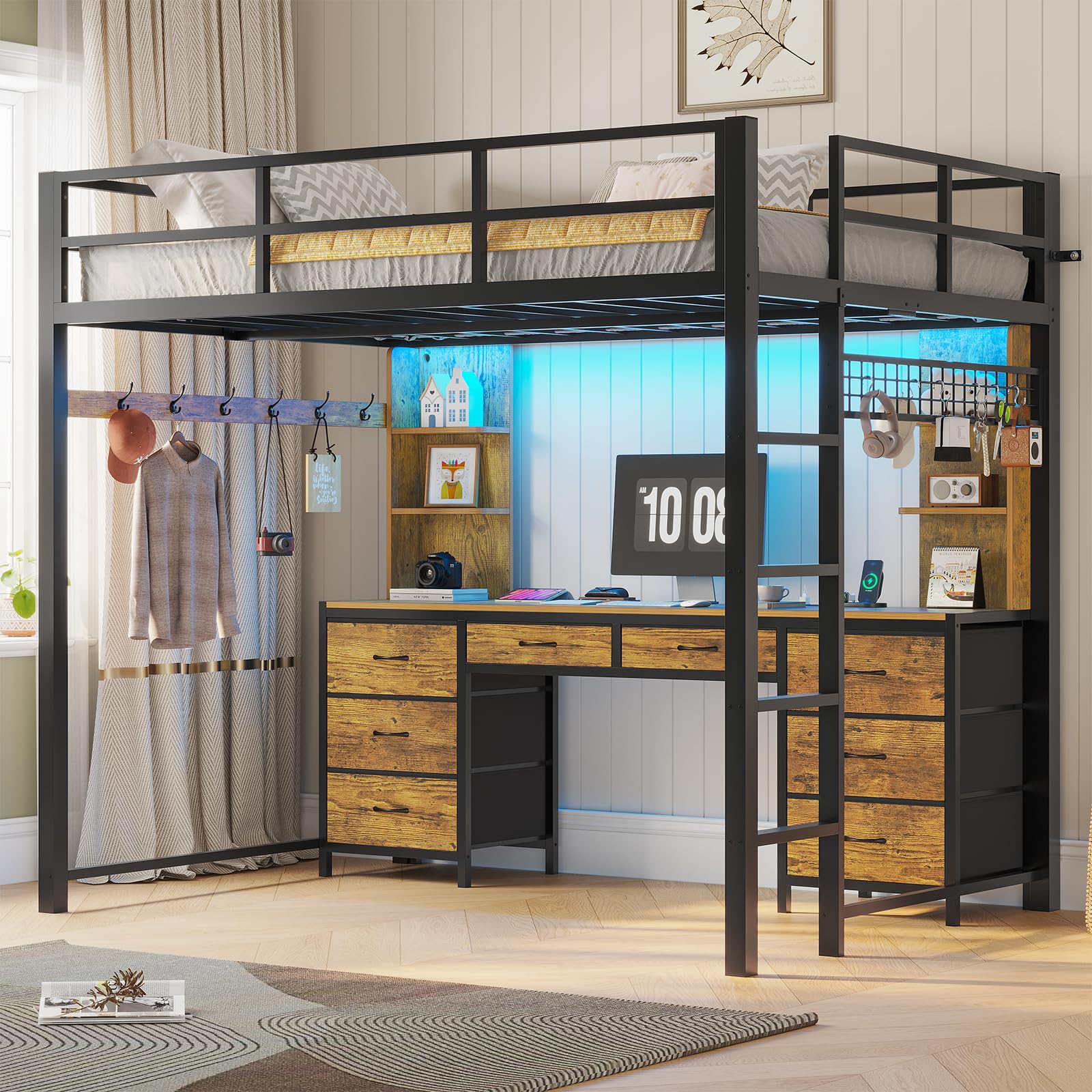 ADORNEVE Full Size Loft Bed with Desk and 8 Storage Drawers, Metal Loft Bed Full with LED Lights & Charging Sation, Heavy Duty LED Loft Beds with 6 Storage Shelves, Space-Saving, Noise Free, Black