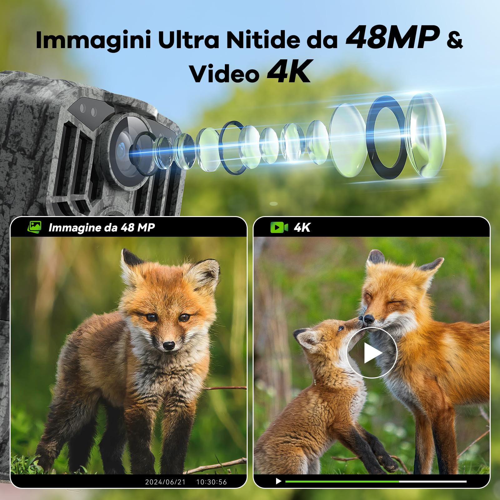 DEATTI Fototrappola WIFI 4K 48MP con Scheda SD 32GB e 8 batterie AA Fotocamera Velocità di Trigger 0,1S, Fototrappole Caccia Visione Notturna Impermeabile IP66