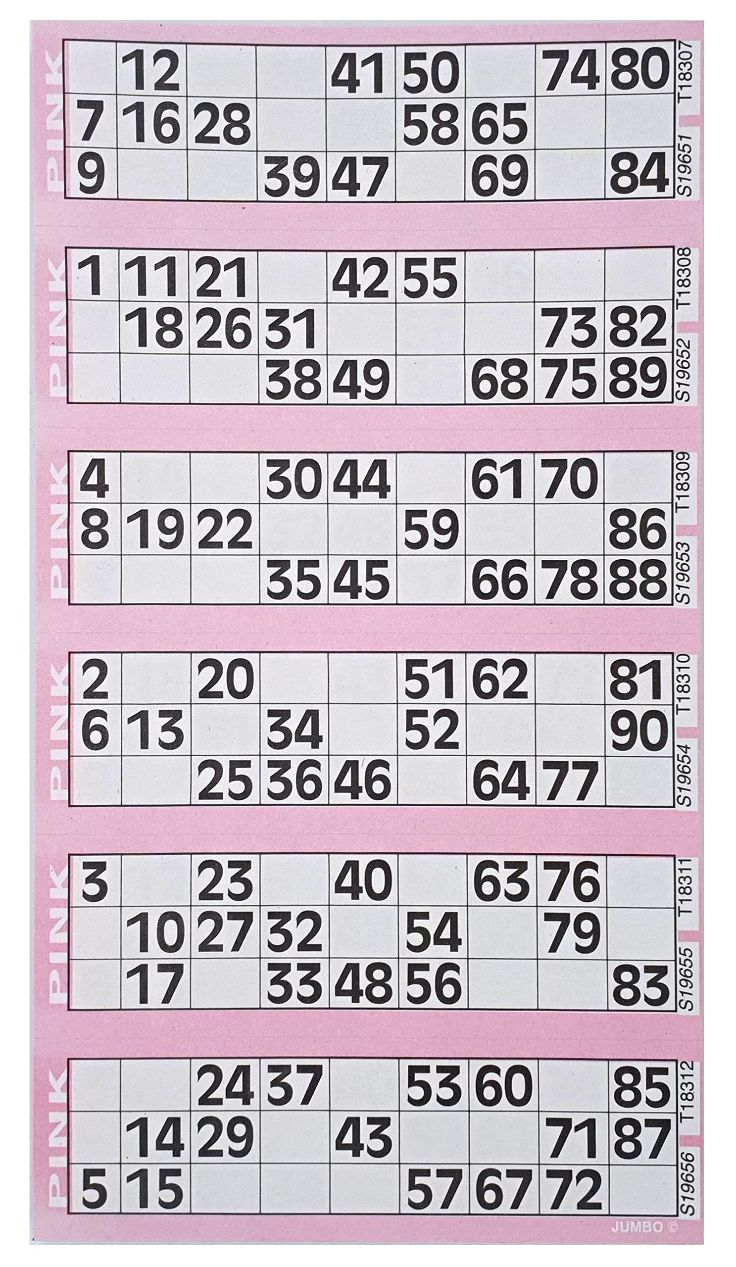 Bingosupermarket Bingo Flyers sheets of 6 in 3 booklets 450 Tickets 75 Strips 1-90 (Pink)