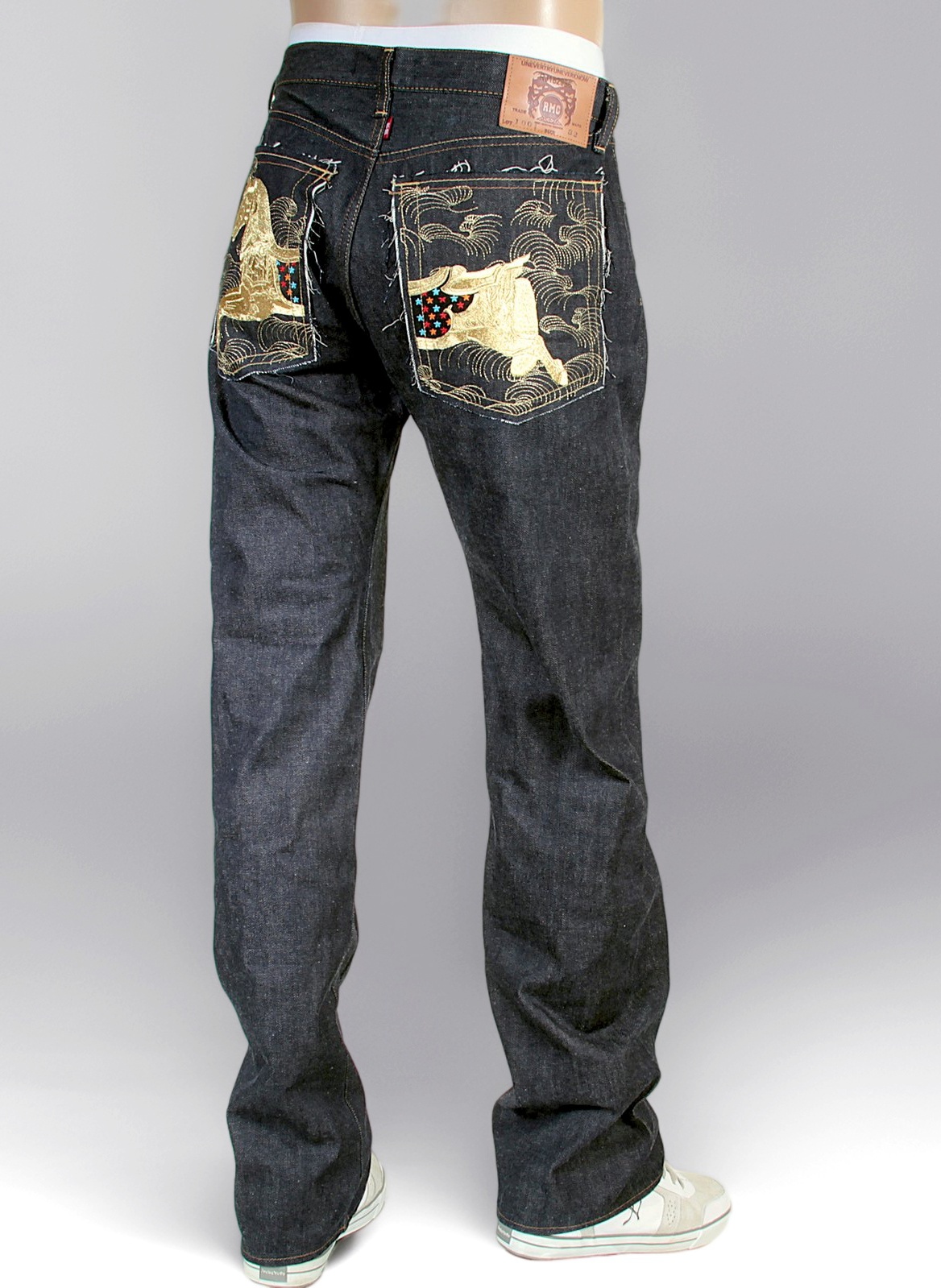 Red Monkey Company Mens Embroidered Gold Lucky Horse Japanese Selvedge Denim Jeans RMC3750