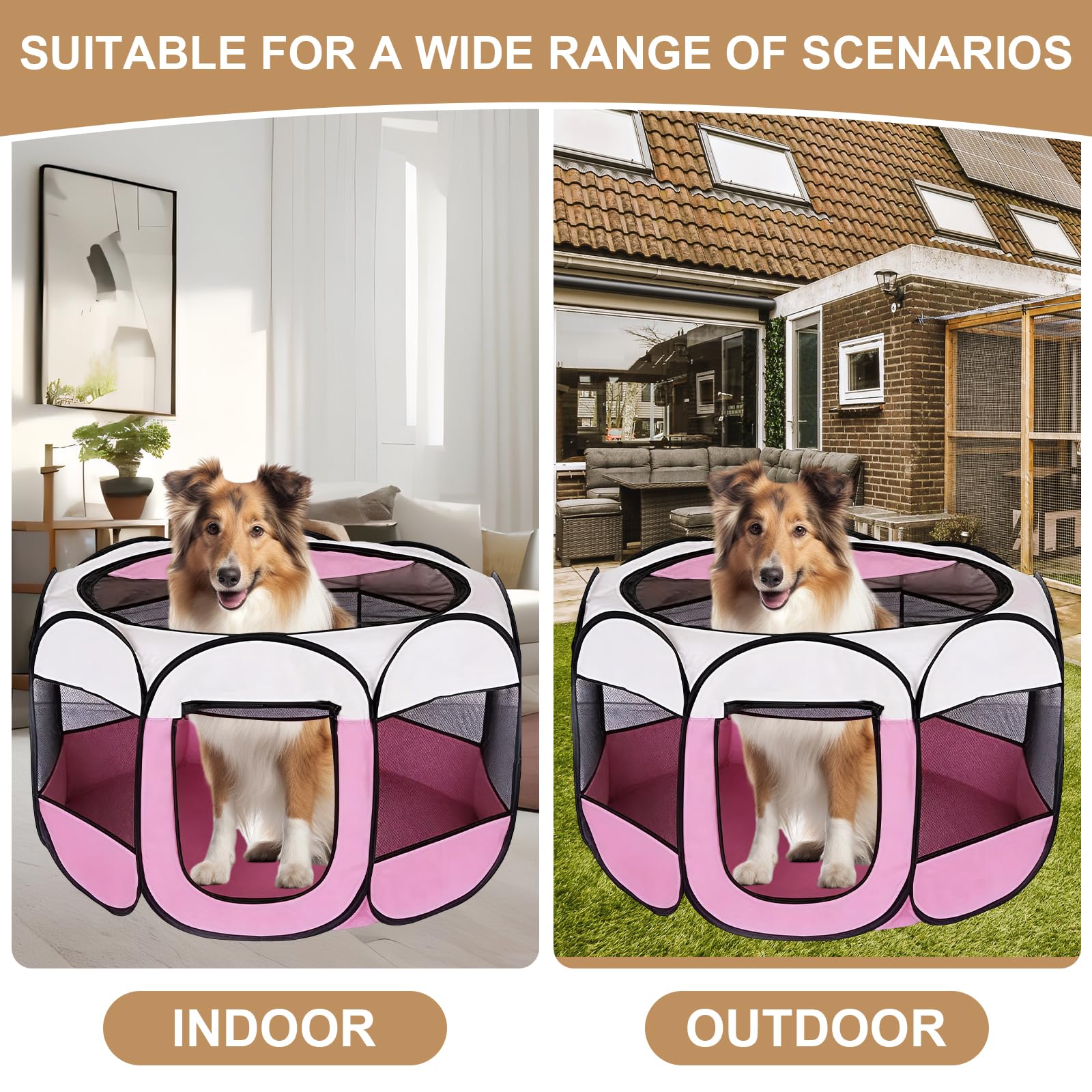 Parc pour Chien, Portable Parc pour Chiens et Chats, Tente Respirante pour l'intérieur et l'extérieur, pour Chats, Chiens, Lapins, Idéal pour Voyage et Camping, 74 x 74 x 43 cm (Rose)