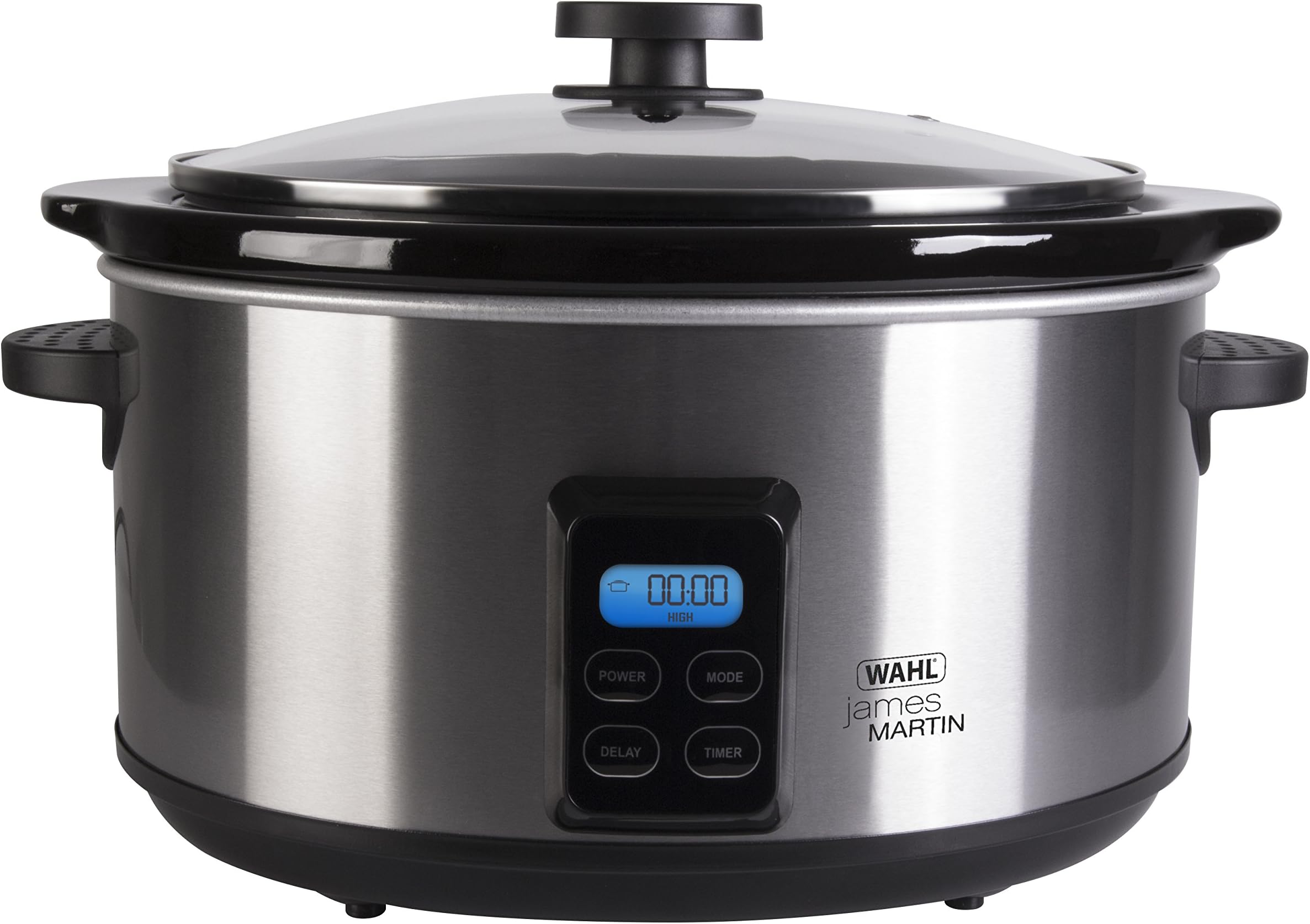 Digital Slow Cooker, 4.7L Ceramic Pot (Feeds up to 5 People), Programmable, LCD Digital Timer, 2 Heat Settings, Glass Lid, Brushed Stainless Steel, 6.42KG