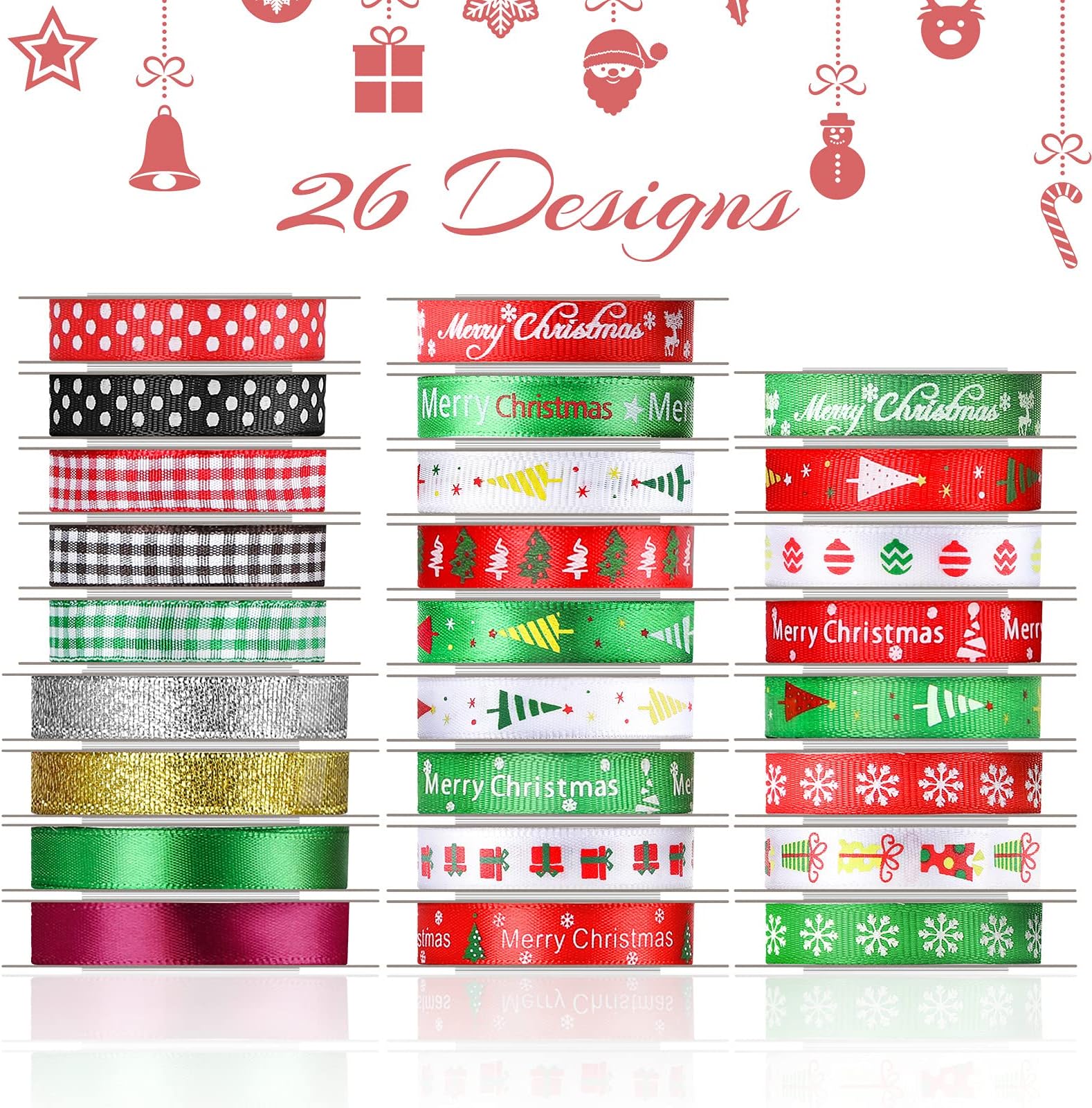 26 Rolls 150 Yards Christmas Ribbon Tree Bow Wrapping Gift Ribbon Holiday Decoration Grosgrain Ribbon Dot Plaid Snowflake Present Ribbon for Christmas Party Festival DIY Craft Hair Bow Wreath Decor