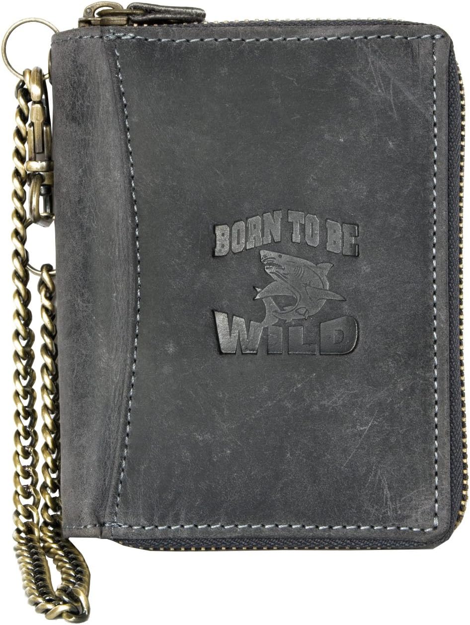 Large grey metal zip-around genuine leather wallet Born to be wild with a shark