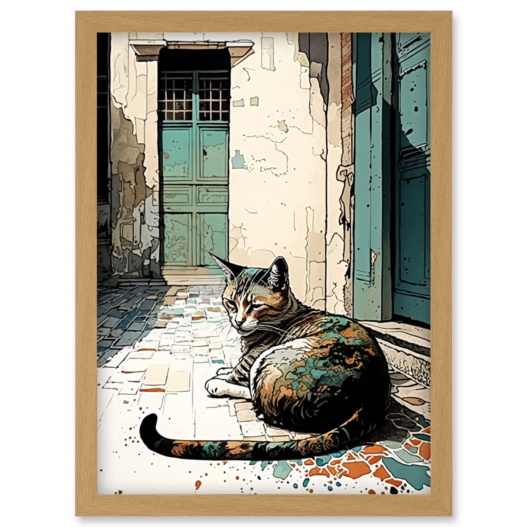 Artery8 Street Cat Sunbathing on Cobblestone Street Modern Illustration Artwork Framed Wall Art Print A4
