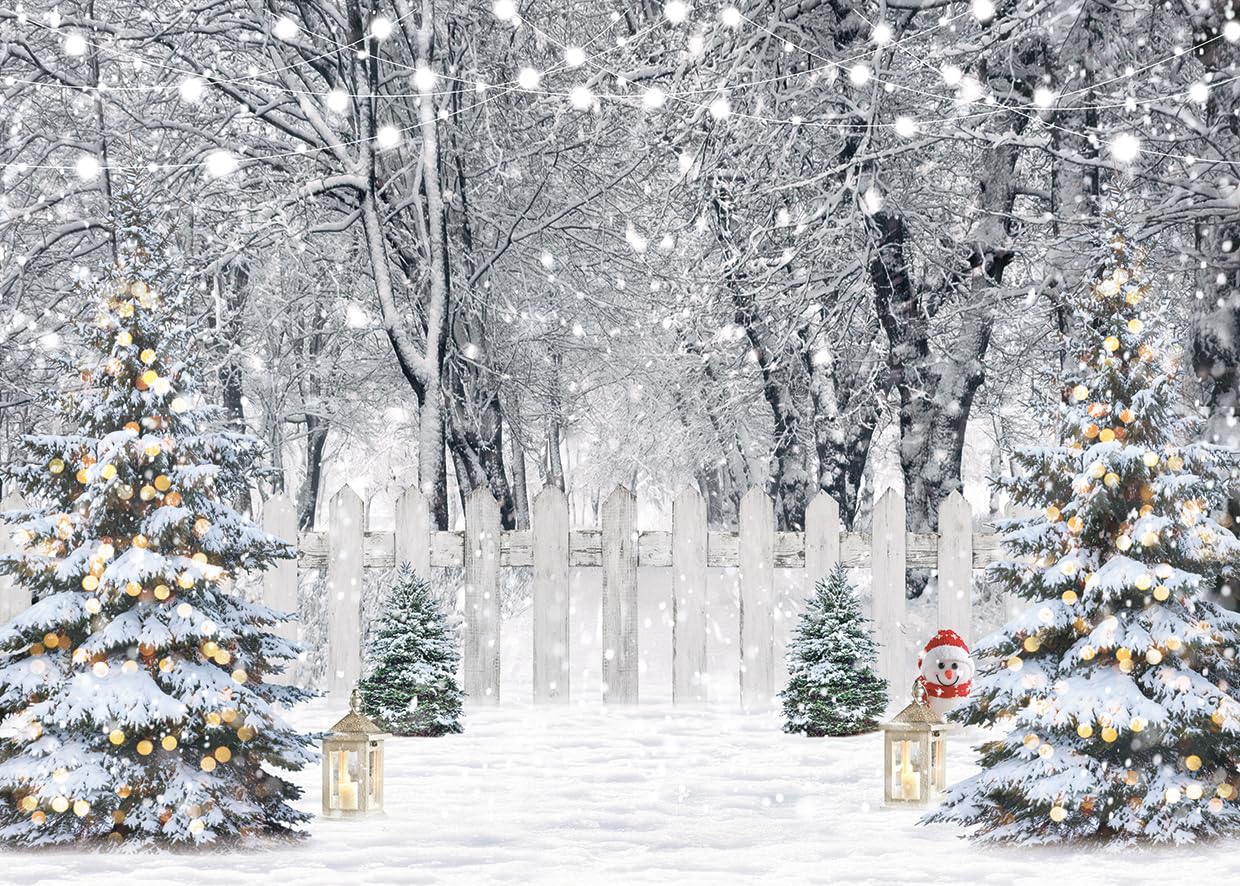LYCGS 8x6ft Winter Snowy Forest Backdrop Winter Party Background Xmas Tree Snowflake Photography Background X-329