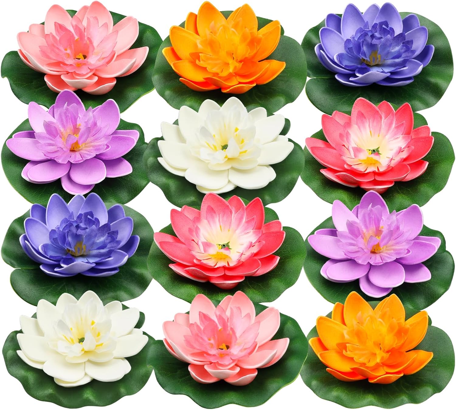 12pcs Floating Foam Lotus Flowers with Lily Pads, Artificial Pond Plants Ornaments for Pool Aquarium Water Decoration, Colorful Multi Color