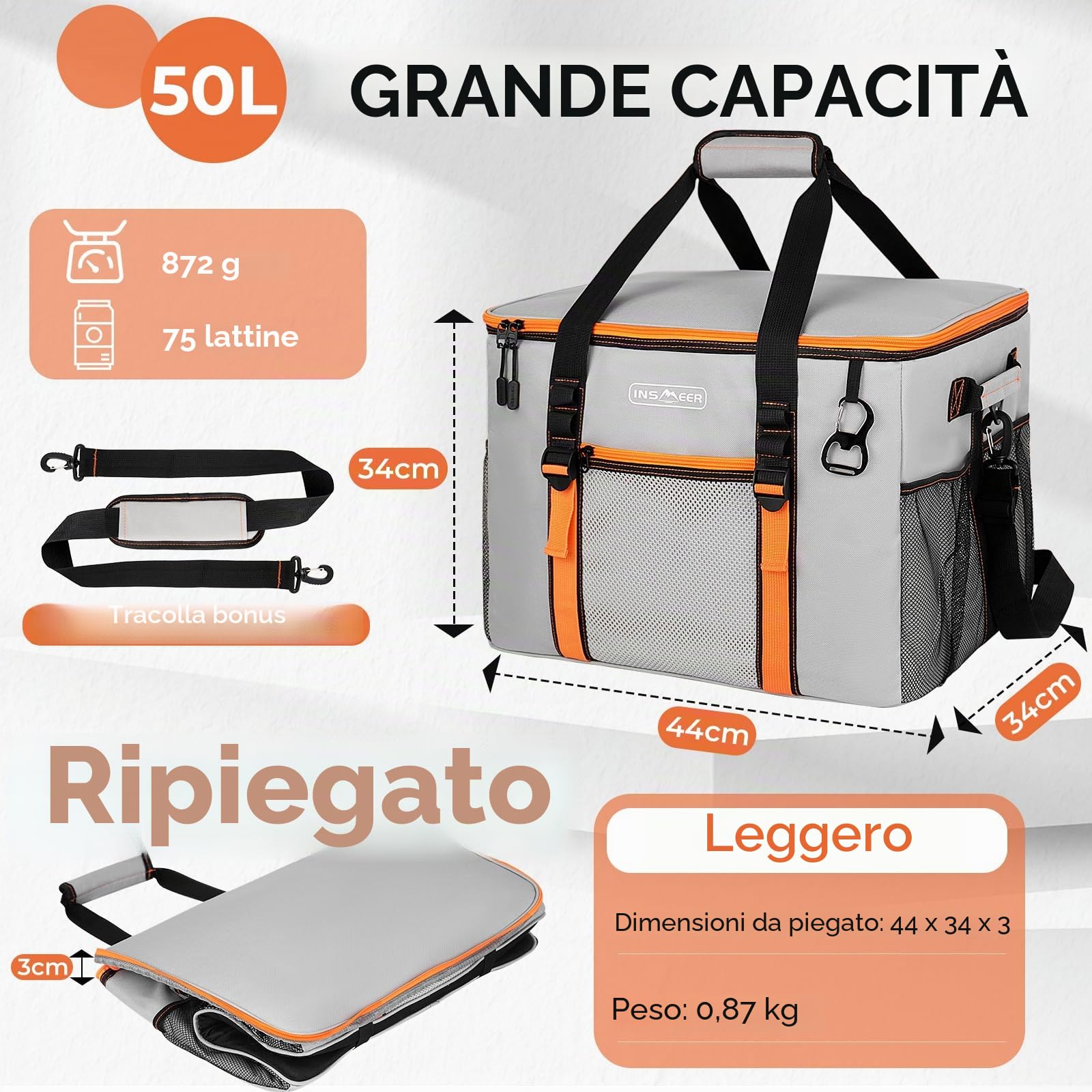 INSMEER Borsa frigo grande da 50 l, pieghevole, per 80 lattine, pieghevole/a prova di perdite, con apertura, borsa da picnic per campeggio, spiaggia, picnic, gite in famiglia, per 4 persone