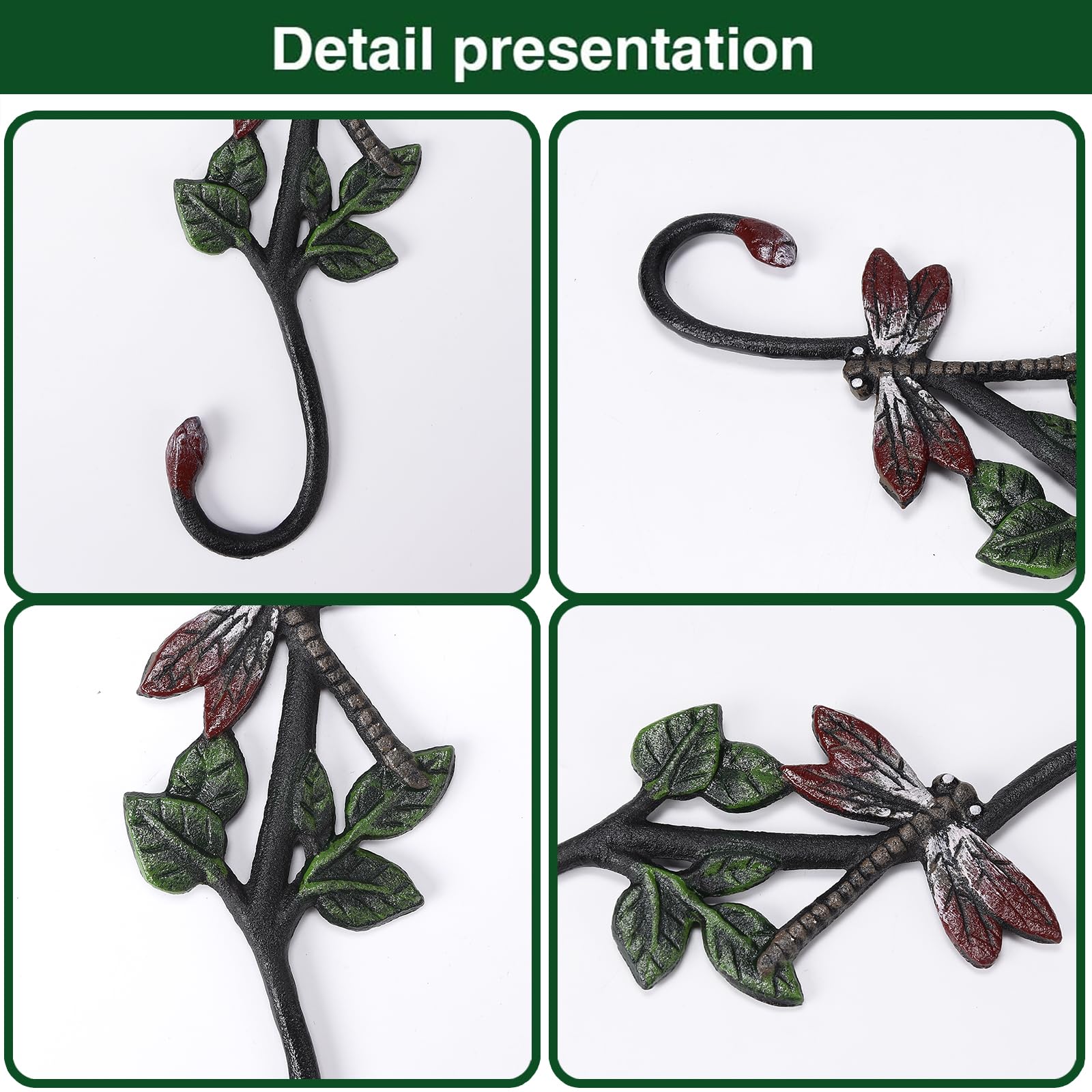 Lot de 2 crochets décoratifs en fonte en forme de libellule pour plantes de ferme, crochets pour plantes de jardin, paniers de fleurs, pots, mangeoires à oiseaux TQOKST009