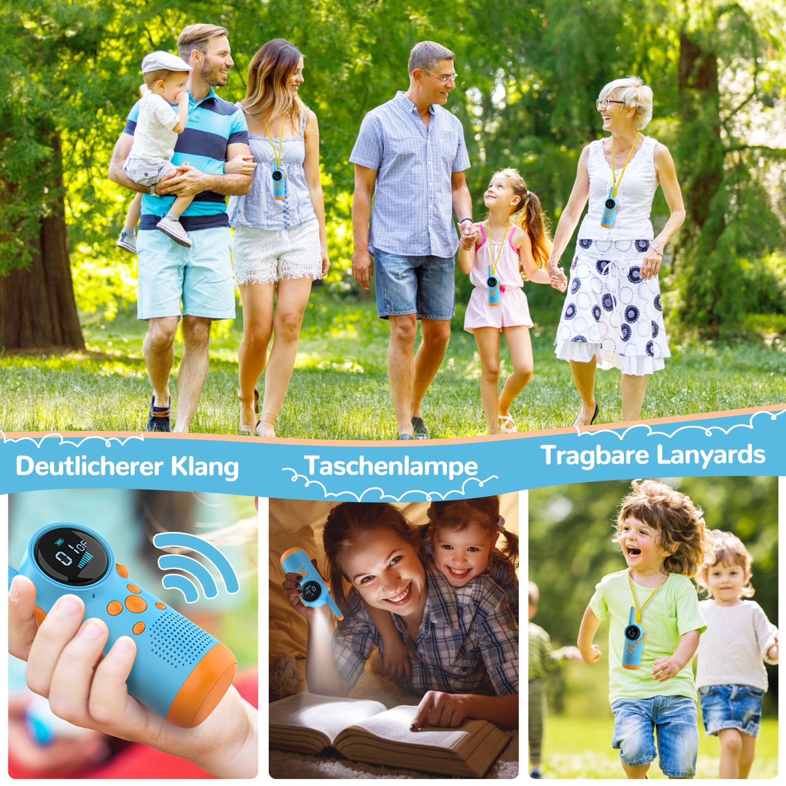 Kearui Walkie Talkie Kinder, Walkie Talkies Spielzeug für 3-12 Jahre, Aufladbar Funkgeräte Kinder mit VOX Funktion, LED Taschenlampe, Tastensperre für Abenteuer im Freien, Camping, Wandern (Blau)
