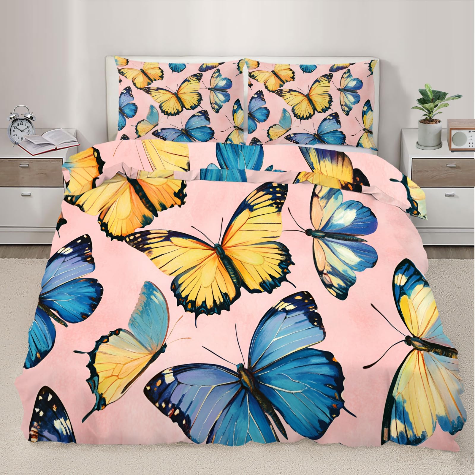 QDJKBL 3D Butterfly Duvet Cover Colorful Butterfly Comforter Cover Retro Animal Comforter Set Super King Duvet Covers Pink Floral Insect Bedding Set for Bedroom With Zipper Closure