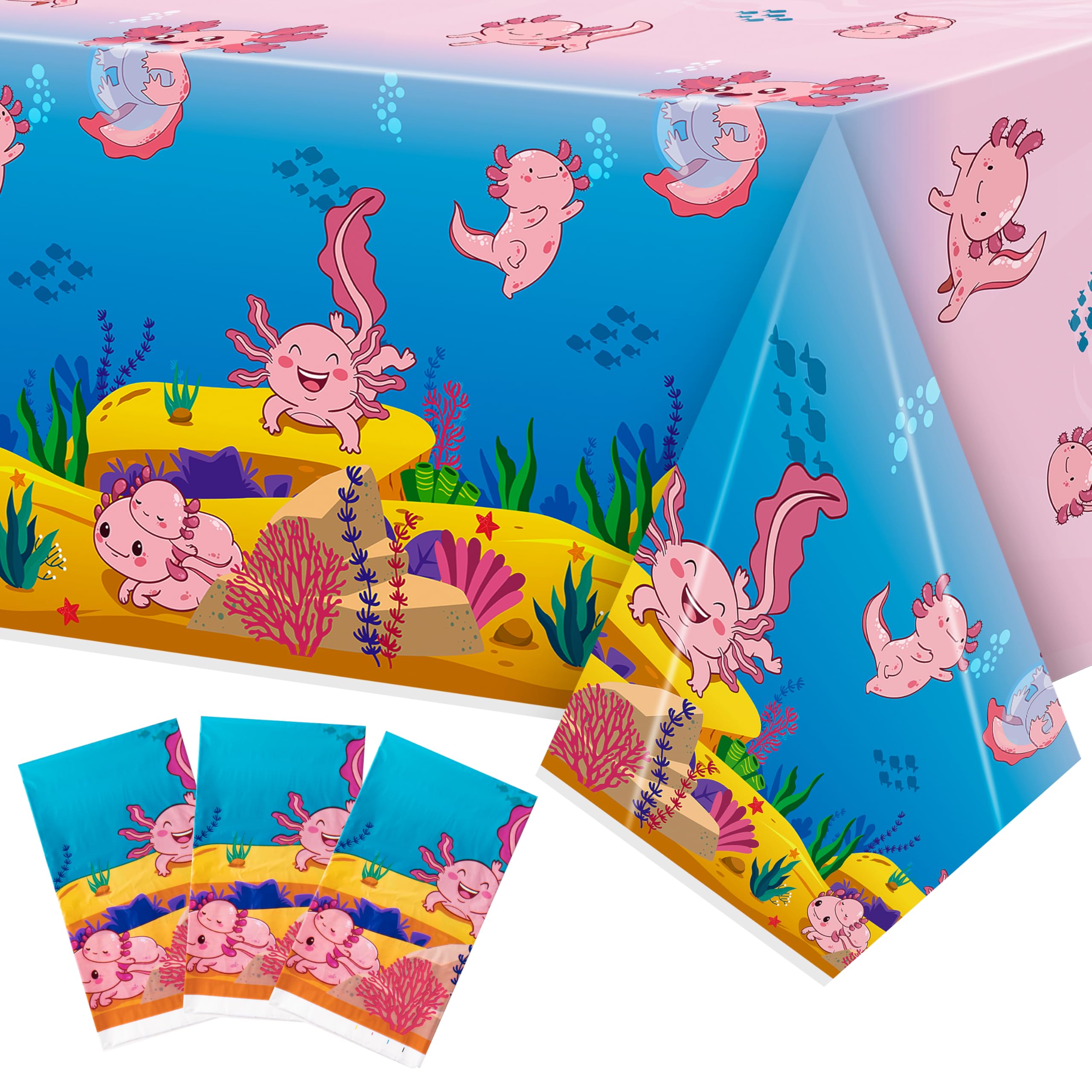 Axolotl Plastic Table Cover - 3Packs(54x108 Inch) Pink Axolotl Disposable Rectangle Plastic Tablecloth Birthday Theme Party Decoration Decor Supplies Table Cloth Giant Coloring Baby Shower