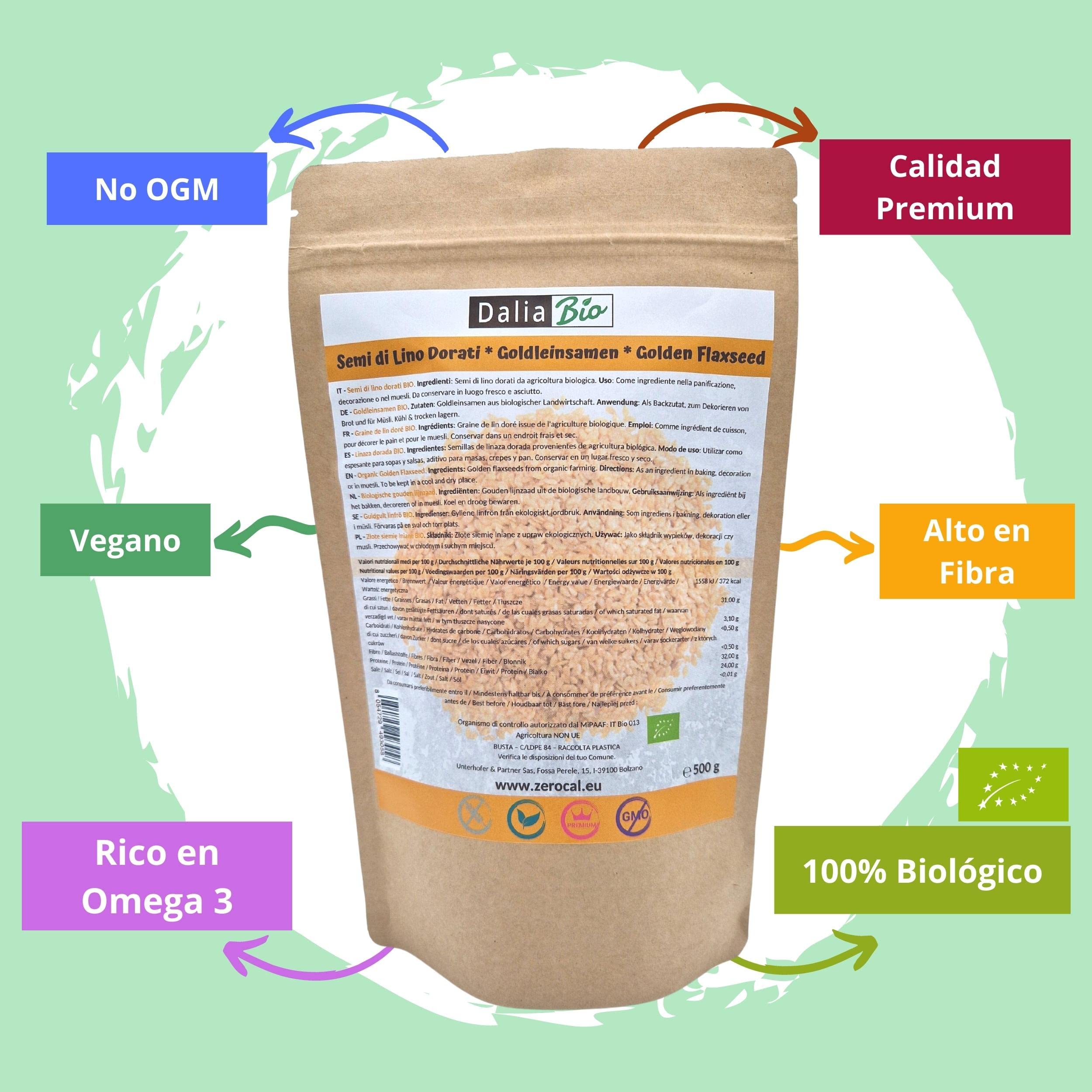 Dalia Bio - SEMILLAS DE LINO DORADO BIO 500g | Semillas de lino dorado, naturales y totalmente vegetales | Fuente premium de fibra y Omega-3 | Sin gluten | 100% orgánica