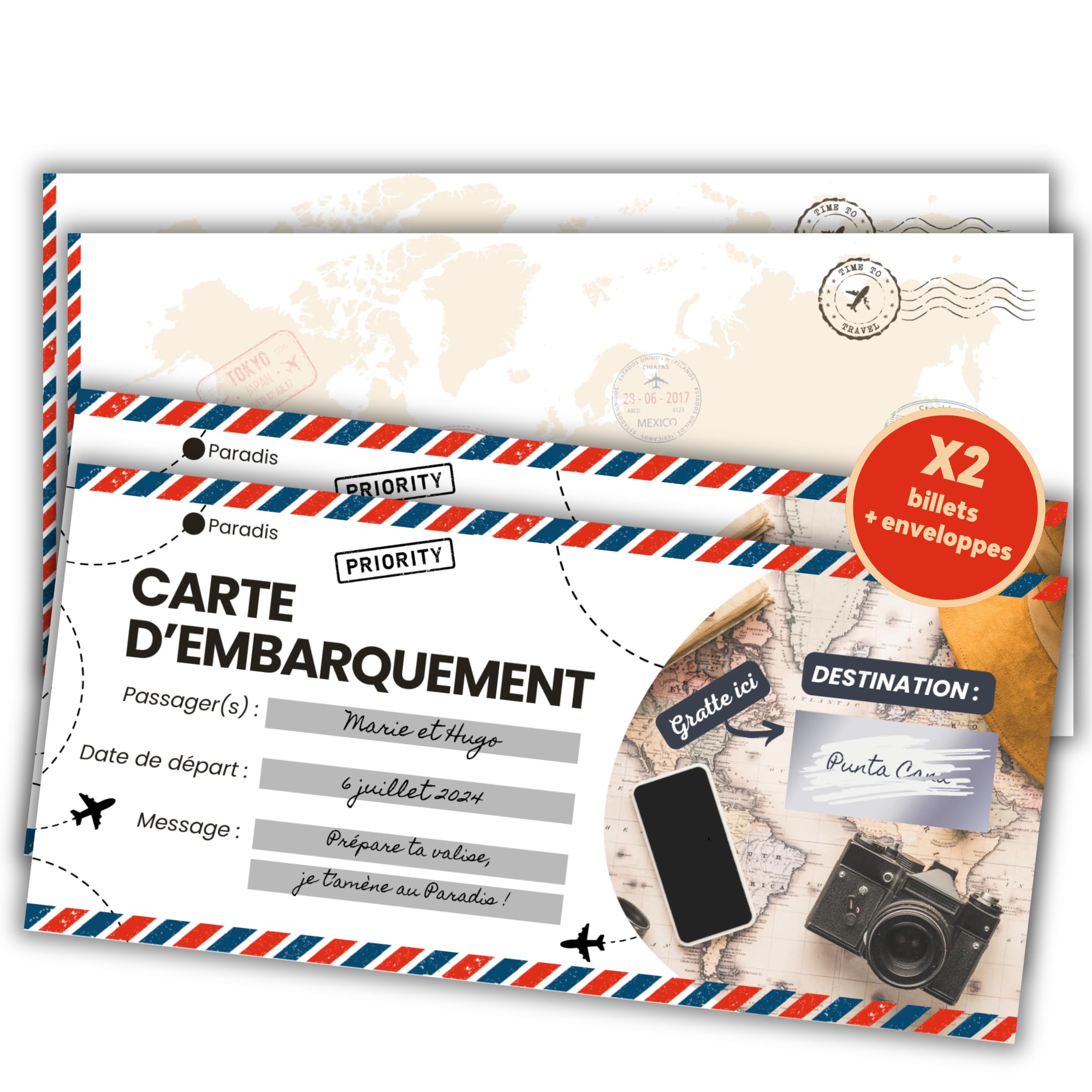Carte à Gratter Voyage Surprise Personnalisable en Français - Billet d'Avion Annonce Cadeau Anniversaire Noël EVJF EVG - Pack de 2