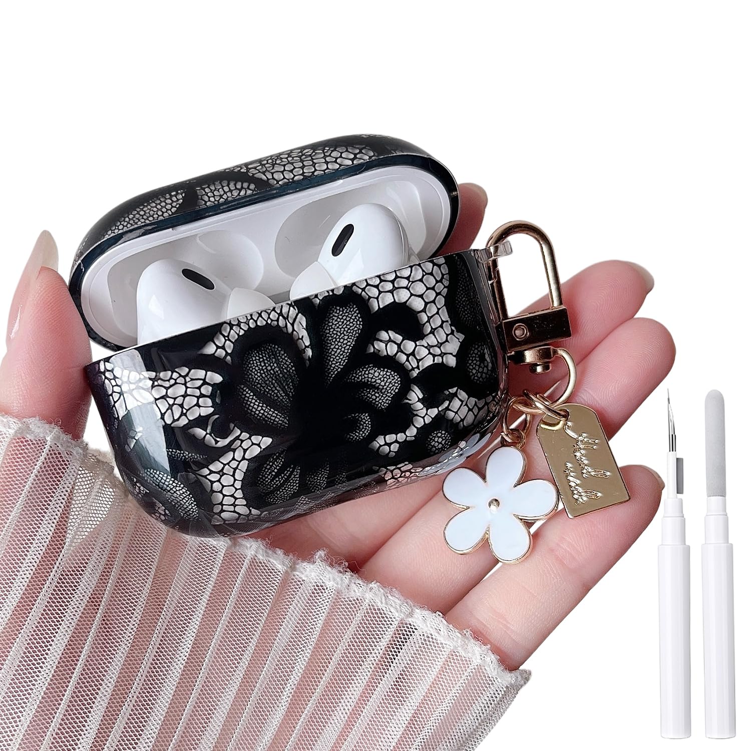 MINSCOSE for AirPods Pro/Pro 2 Clear Case,Cute Lace Flower Pattern Design with Trendy Keychain,Soft TPU Protective Shockproof Cover with Cleaner Kit for Girls Women for AirPods Pro/Pro 2-Black