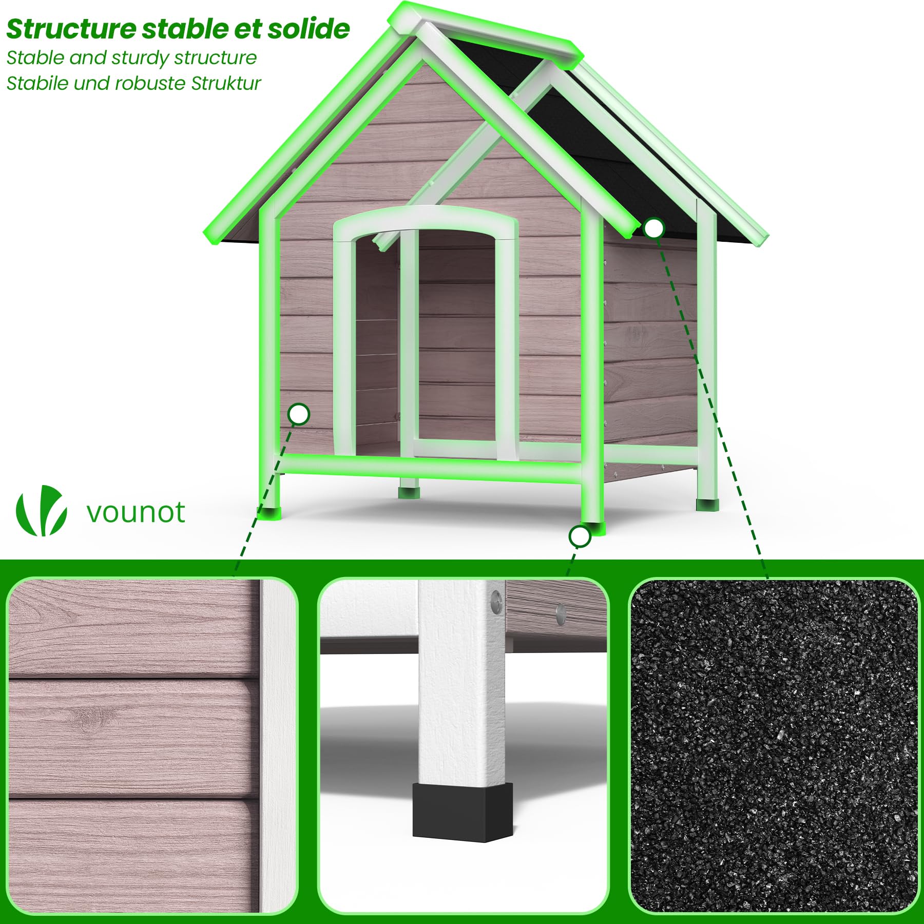 VOUNOT® Caseta para Perros Exterior con Techo Asfáltico y Pies Antideslizantes Casa para Perros Mascotas Perrera de Madera Impermeable Base Extraíble Refugio Canino Perruno 72x65x83 cm, Gris