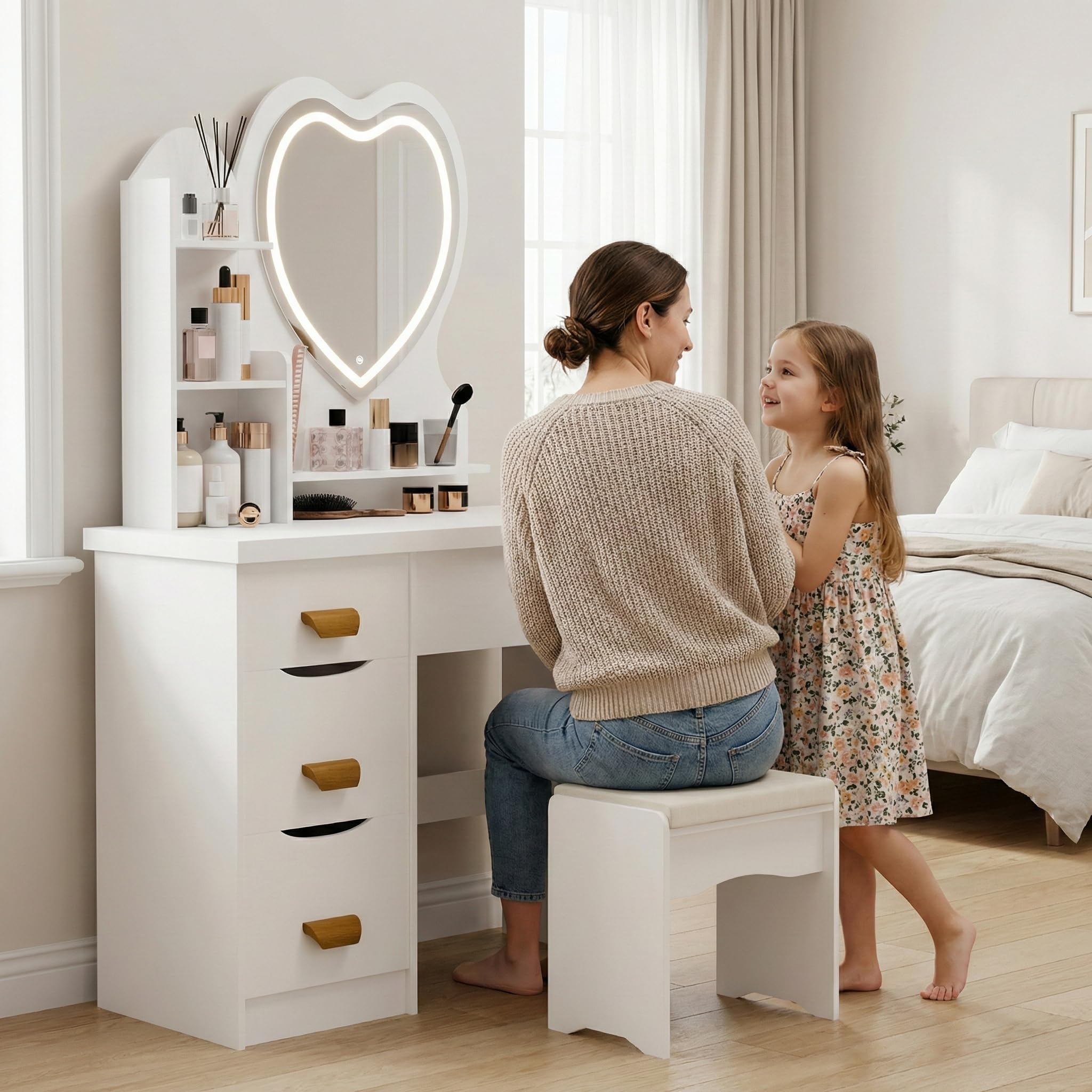 Oyajia Tavolo da toeletta con specchio e sgabello, specchio cosmetico e 5 cassetti e 3 ripiani aperti, illuminazione a LED, tavolo da trucco 140 cm, set Vanity