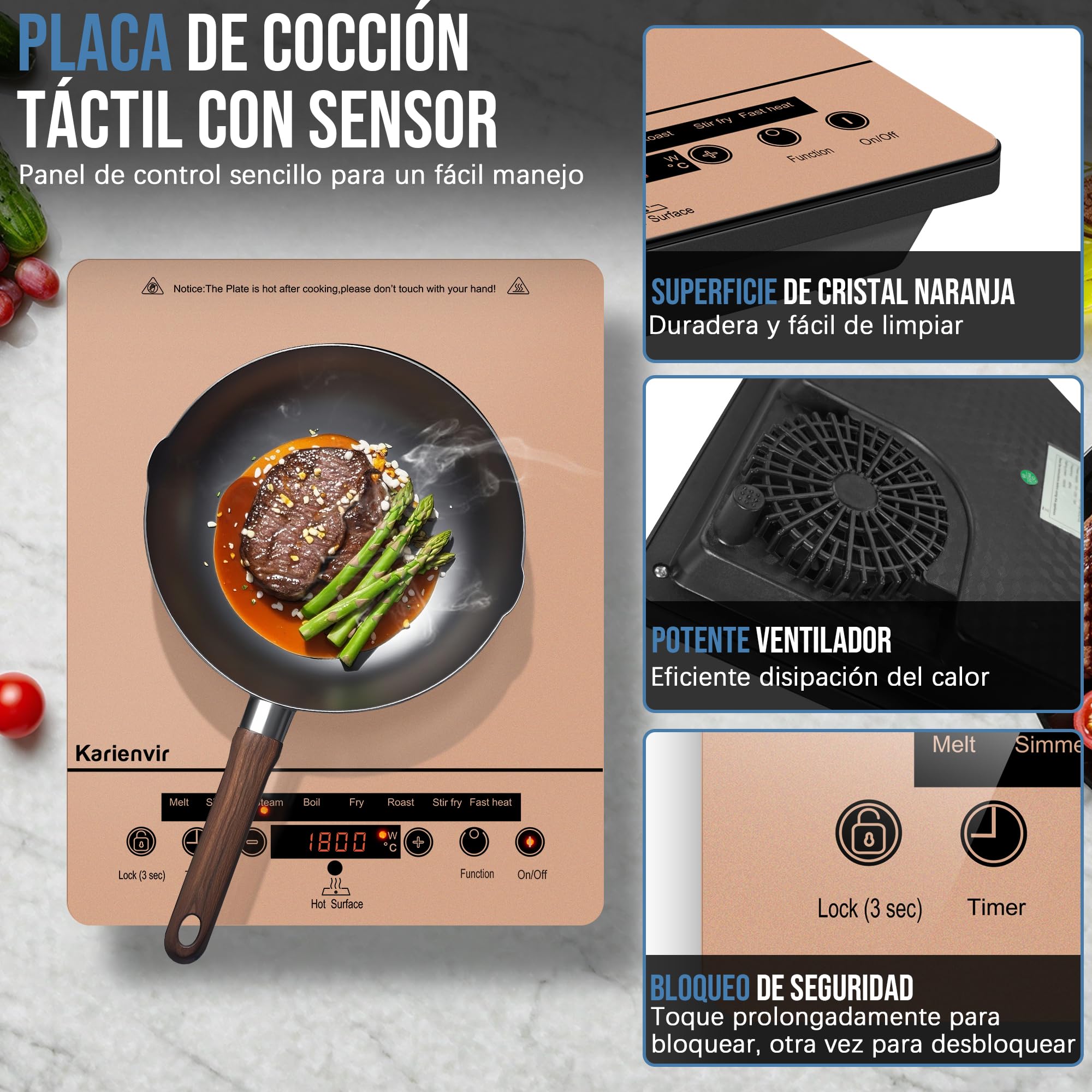 Placa Vitroceramica 1 Fuegos, Placa de Cocción Integrada, 2000W, Naranja | Placa de Cocción Integrada, Vitroceramica Portatil, Indicador de Alta Temperatura, Bloqueo para Niños, 9 Velocidades