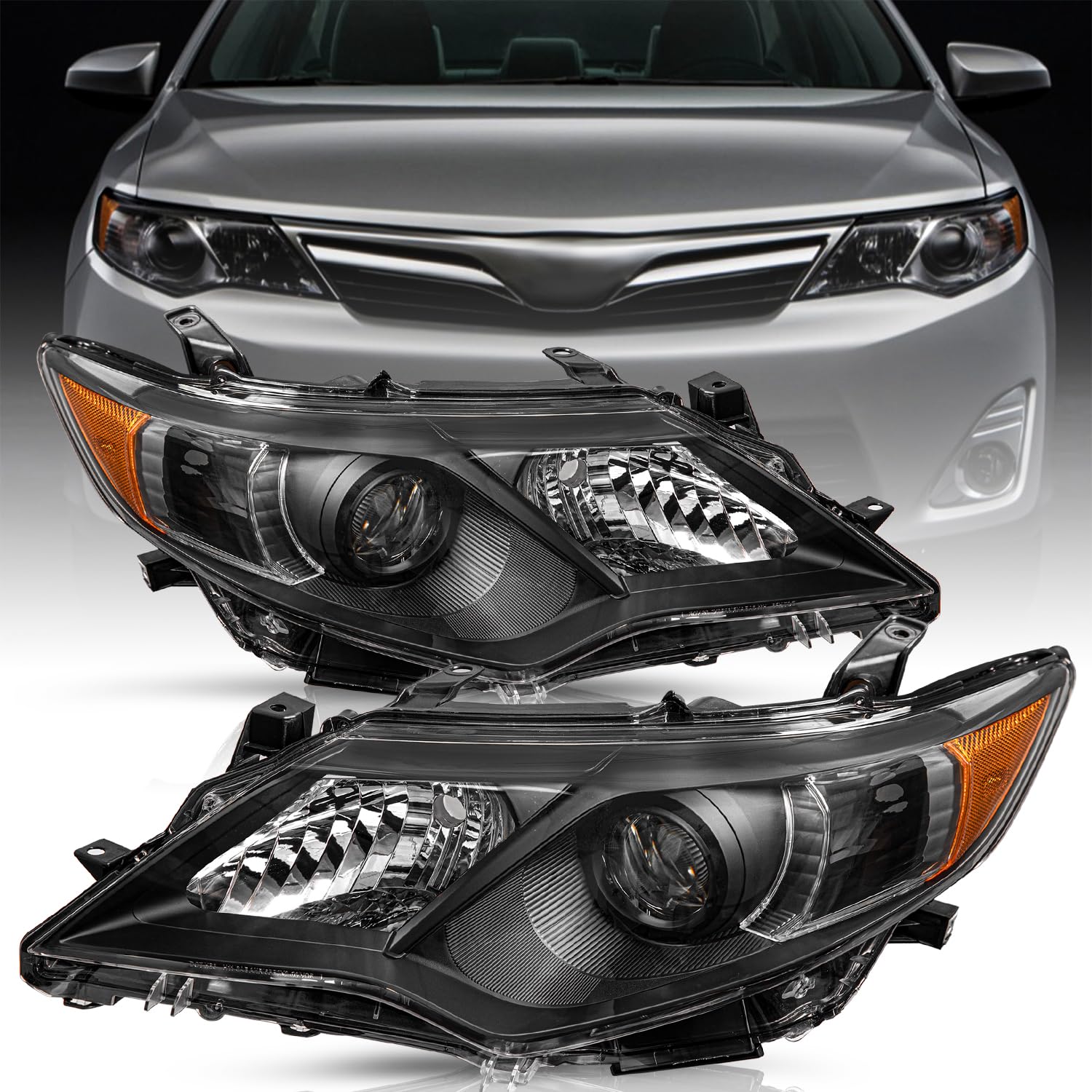 Projector Headlight Assembly Set for 12-14 Toyota Camry L/Le/Xle/Hybrid/SE Driver Passenger Side (Black Housing with Amber Reflector)