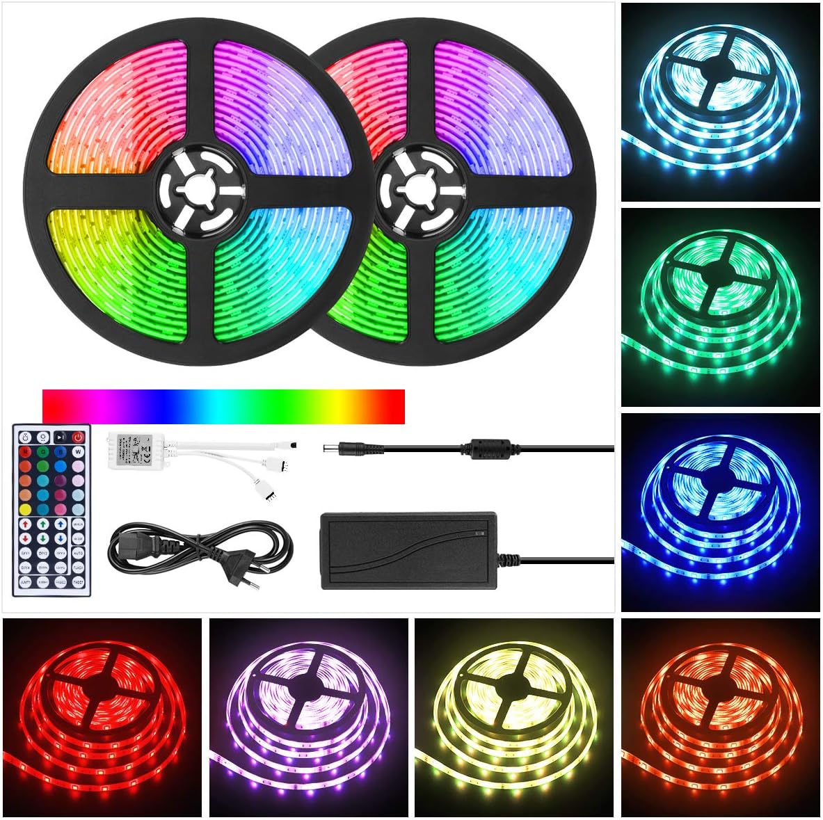 YUNLIGHTS LED Strip Lights with Remote 32.8Ft 10M 300LED 5050 Color Changing RGB LED Lights Strip Flexible with 44 Keys IR Remote & 12V 3A Power Supply (Plug in)