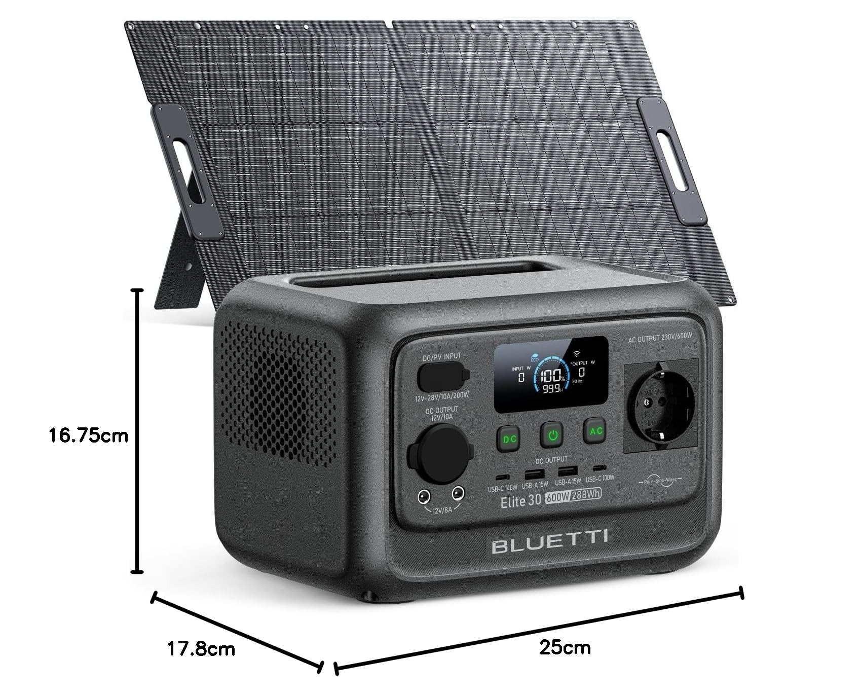 BLUETTI Generatore Solare Elite 30 V2 con 100W Pannello Solare | 288Wh LiFePO4 Centrale Elettrica Portatile, 600W Prese CA (1500W Picco), per Campeggio, Uso Domestico, Emergenza