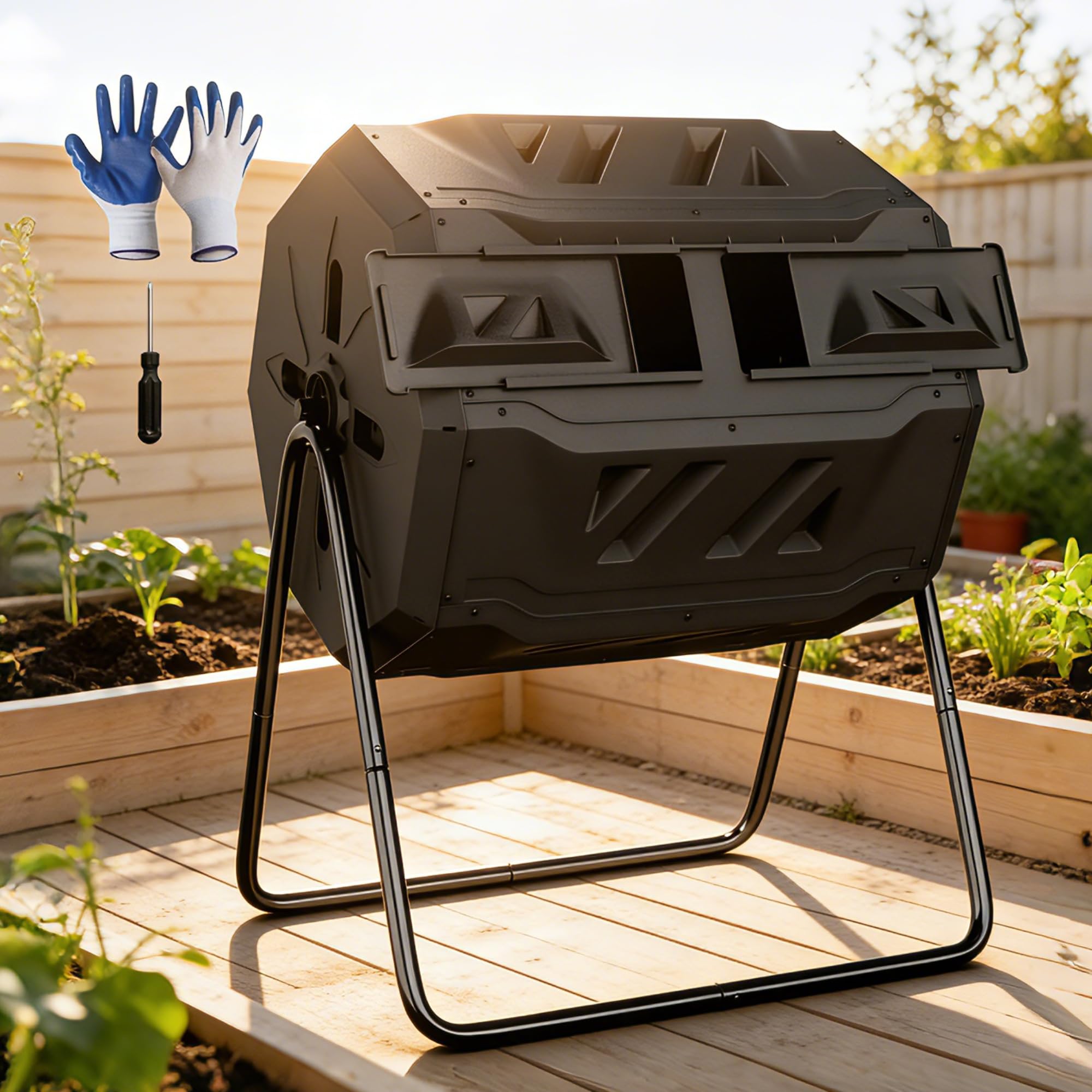 F2C Compost Bin Outdoor 43 Gallon Garden Dual Chamber Composter Bin - Bundled with Pearson's Gardening Gloves, BPA Free, Heavy-Duty Steel Frame, Rotating Tumbler with Sliding Doors -Black