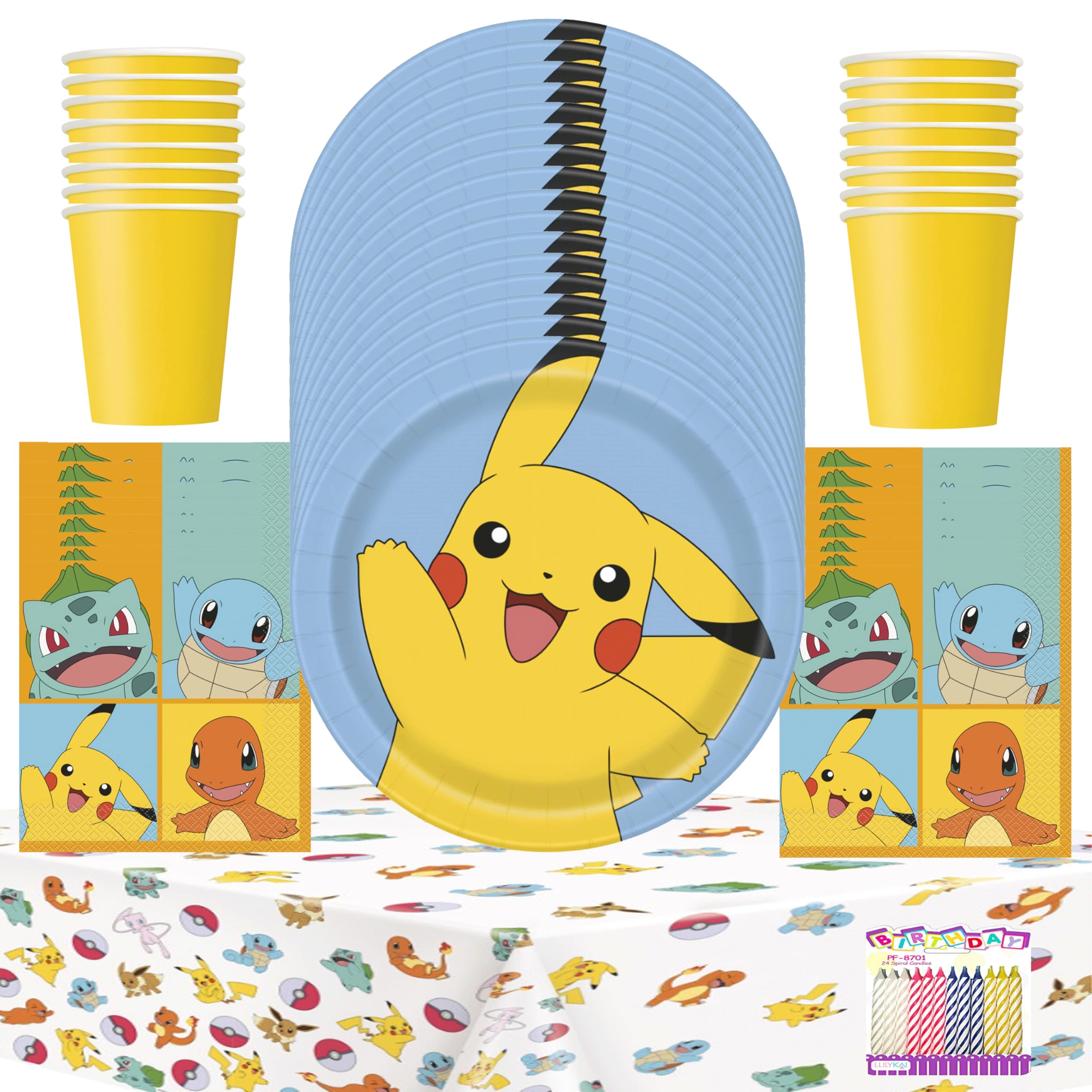 Pokémon Party Supplies for16, Dinner Plates, Napkins, Cups, Table Cover