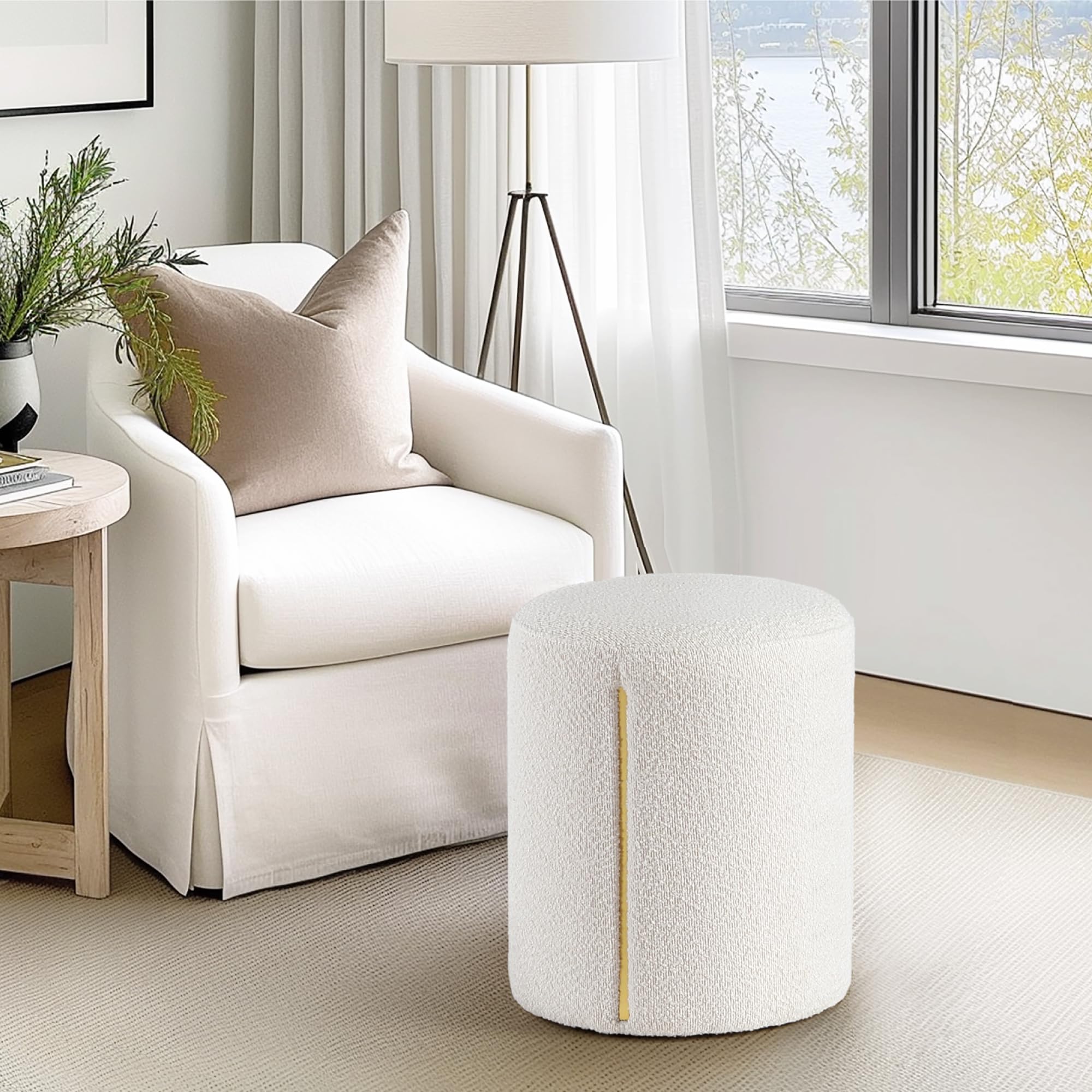 Get Set Style Modern Round Ottoman, Multifunctional Vanity Stool Chair for Makeup Room, Boucle Ottoman Foot Rest Foot Stool Extra Seating for Living Room, Bedroom, Entryway, Office (White)