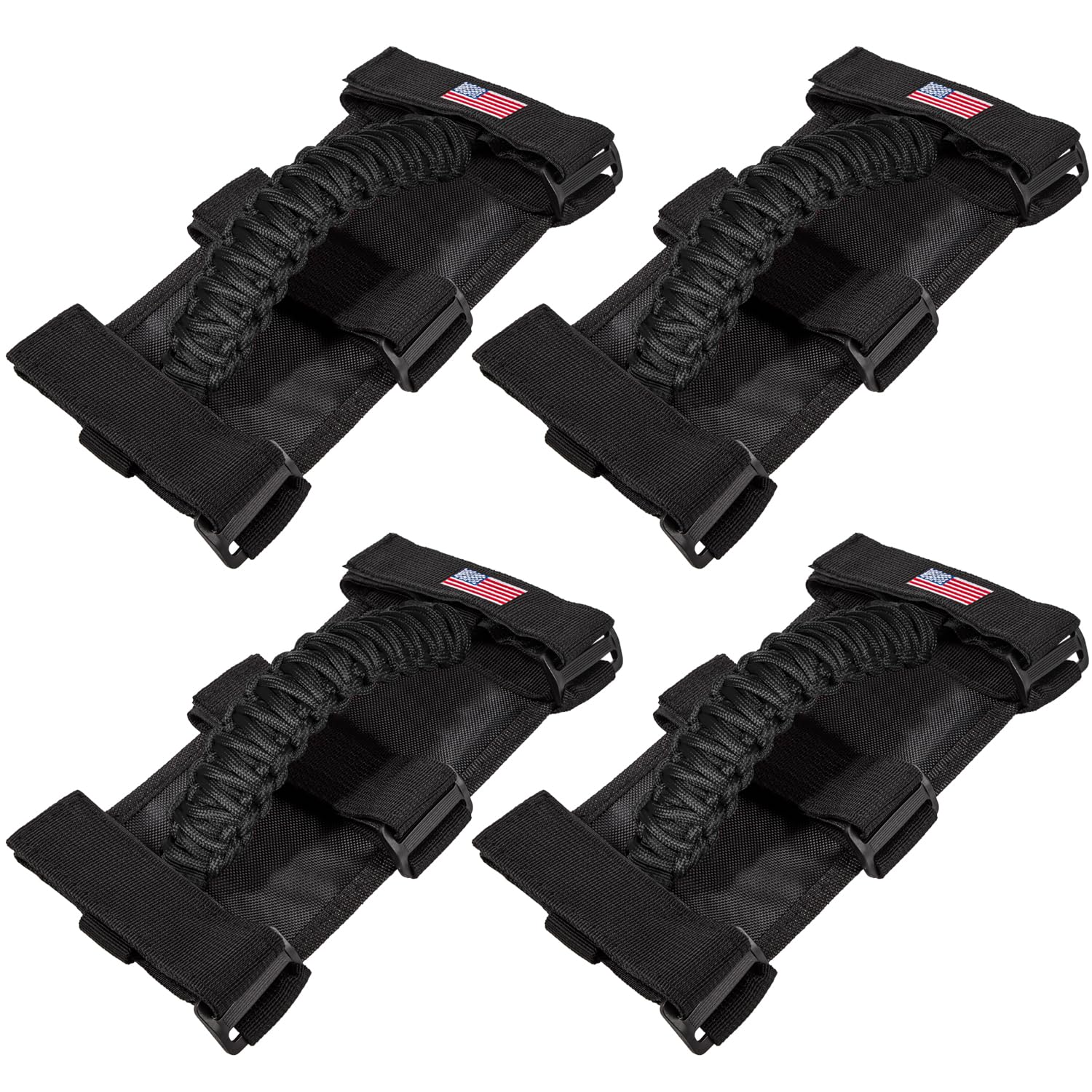 4 x Roll Bar Grab Handles Grip Handle for Jeep Wrangler YJ TJ JK JKU JL JLU Sport Sahara Freedom Rubicon Unlimited X Gladiator JT 1955-2022 UTV ATV Premium Paracord US Flag (Black)