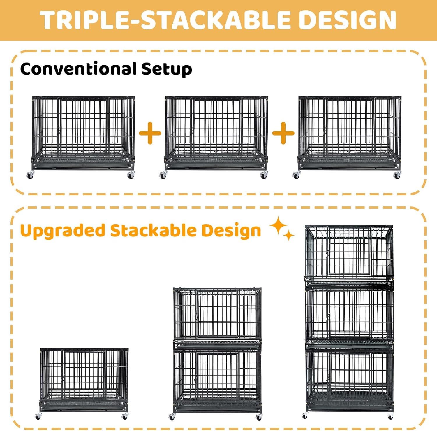 2-Tier Stackable 36 Inch Dog Crate, Heavy Duty Foldable Cage Indestructible Escape Proof Kennel Indoor with Open Top, 360° Wheel, Removable Tray&Metal Grid for High Anxiety Medium/Small Dog