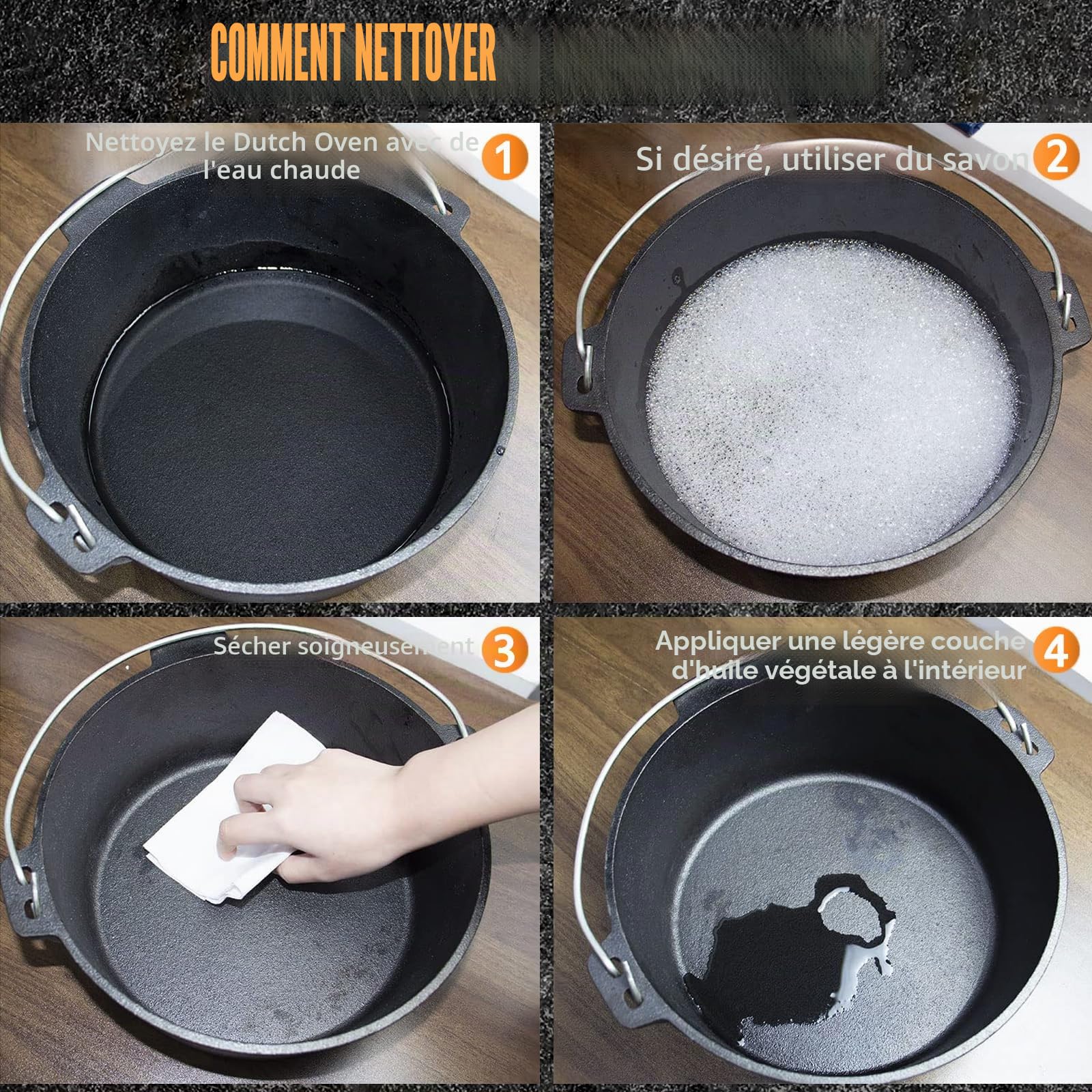 Faitout hollandais 9 litres, double fonction, fonte, pré-assaisonné, avec lifter, noir