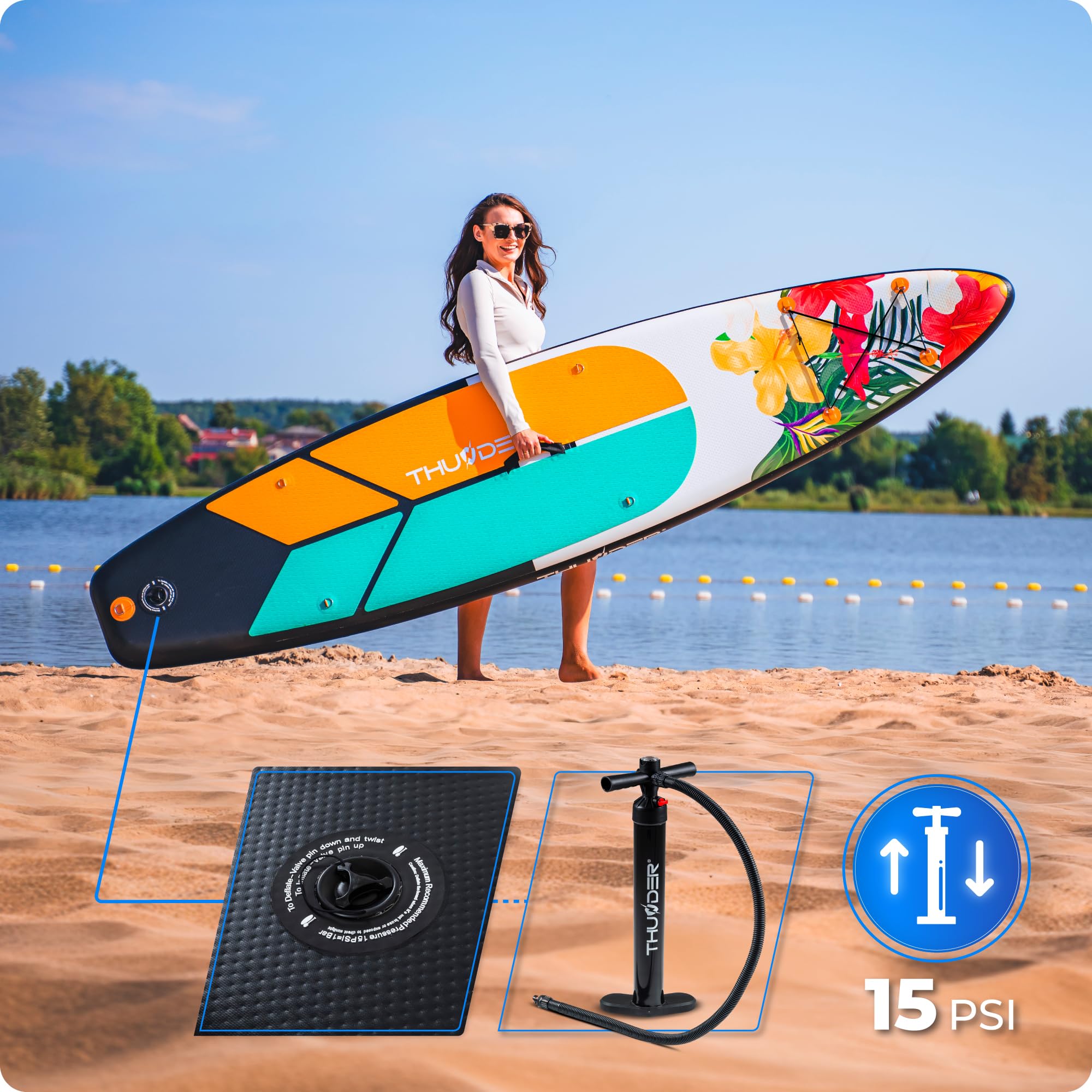 THUNDER Planche Sup Gonflable 320 cm avec Siège Kayak – Stand Up Paddle Board Set avec Pompe, Pagaie & Sac à Dos – Antidérapant pour Adultes & Débutants