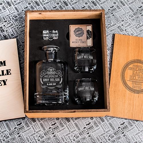 Juego de decantadores de whisky hechos a mano personalizados, piedras escalofriantes de whisky, decantador de whisky grabado, 2 vasos de whisky,