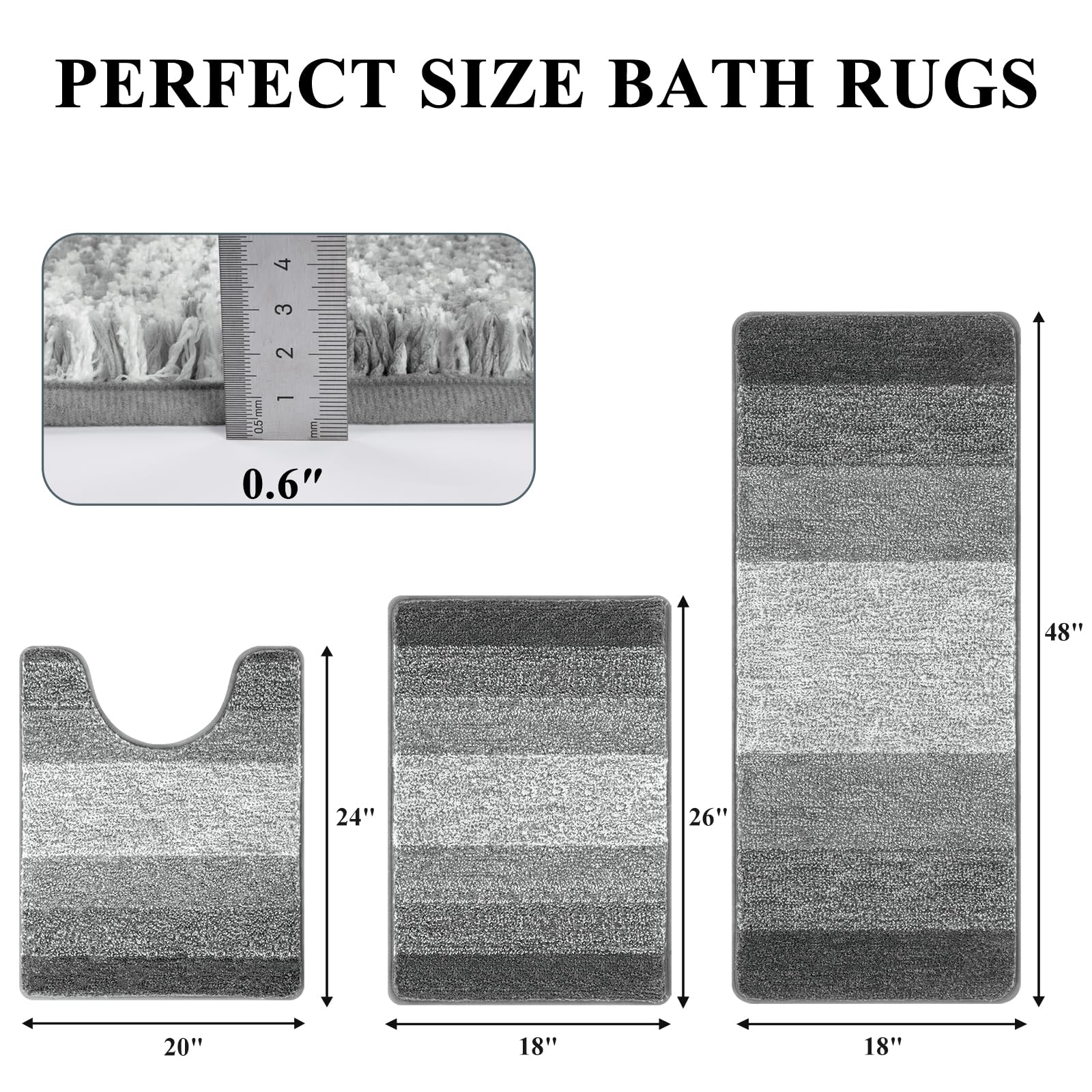Pauwer Lot de 3 tapis de salle de bain à poils longs avec contour en forme de U et peluche absorbante, en microfibre absorbante, lavable en machine, gris