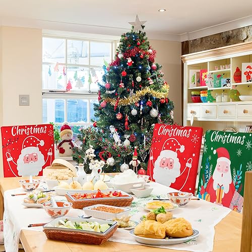 Miniatura 2 de Weldomcor Juego de 4 fundas para sillas navideñas para decoración navideña, fundas protectoras de silla, con sombrero de Papá Noel, copo de nieve,