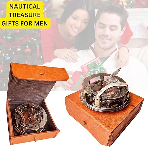 Miniatura 3 de ALADEAN Reloj de reloj de sol de latón vintage, brújula náutica antigua, reloj de reloj de sol en caja de regalo de cuero de recuerdo, reloj de sol