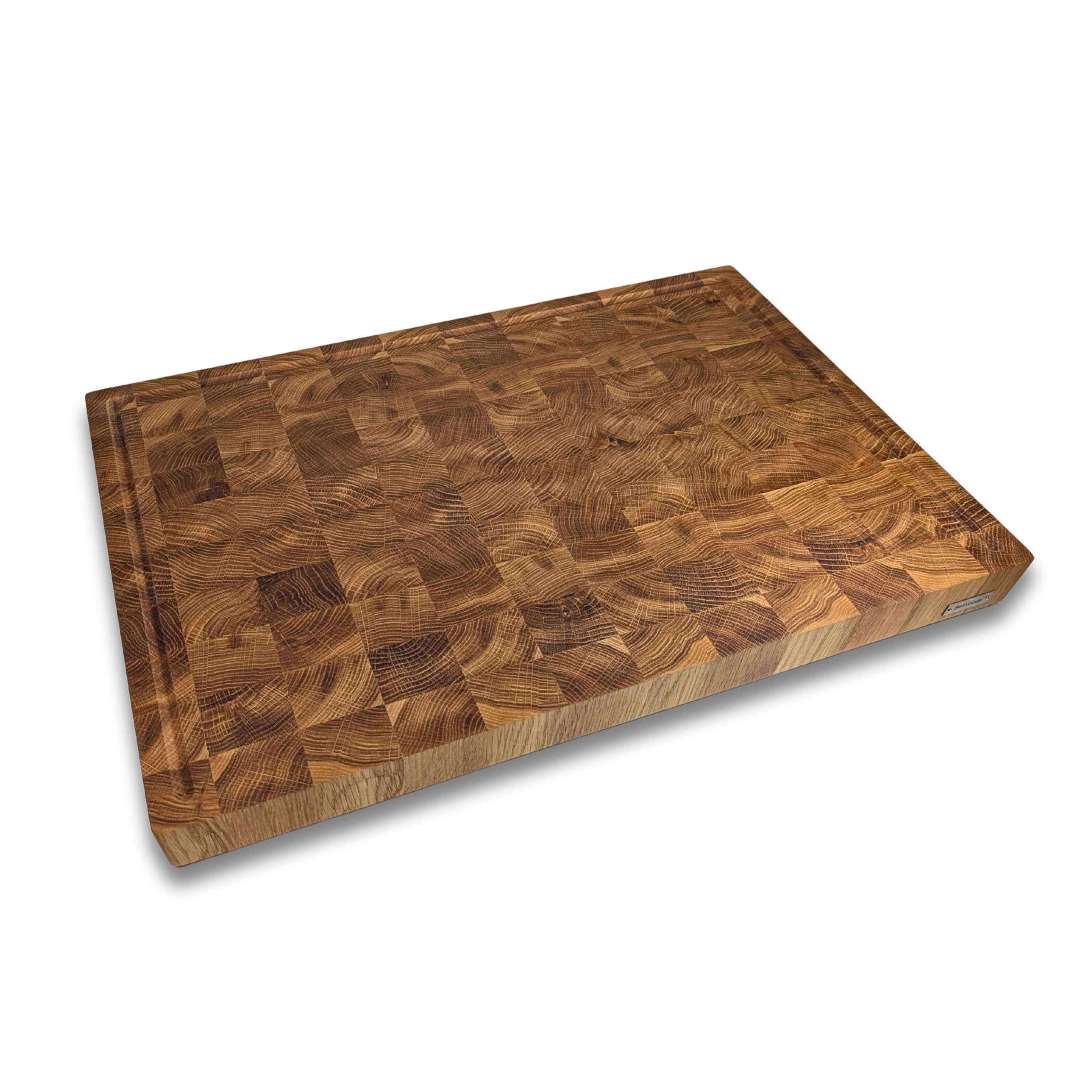 Hackblock Stirnholz XXXL Premium Schneidebrett Eiche 60x40x4,5 cm – Tranchierbrett mit Saftrillen, Rutschfeste Füße, Langlebiges Küchenbrett aus hochwertigem Eichenholz