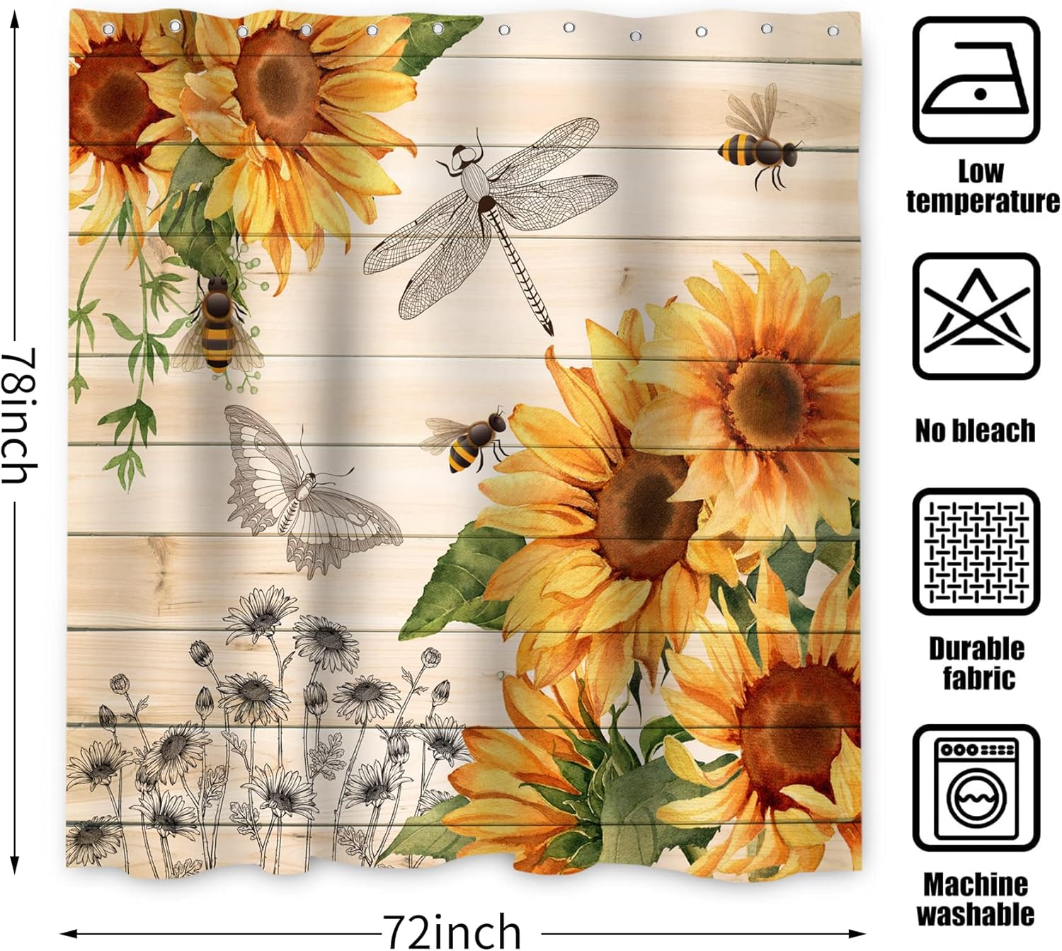 Sunflower Extra Long Shower Curtain, Farmhouse Rustic Country Wooden Plank Yellow Bee Dragonfly Butterfly Machine Washable Waterproof Fabric for Bathroom Decor Bathtub with Hooks 72Wx78H