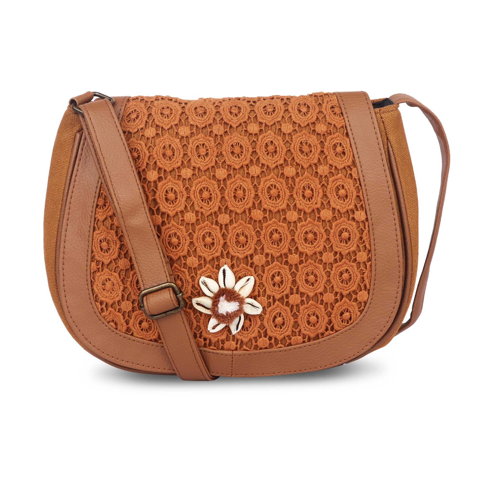 Flap over sling bag in schiffli fabric with shell work-image-41