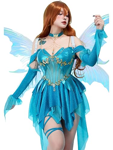 Mobbunny Women Anime Derivative Fairy Cosplay Costume Blue Low Cut Dress Princess Cosplay Outfit with Sleeves Choker - Blue - Large