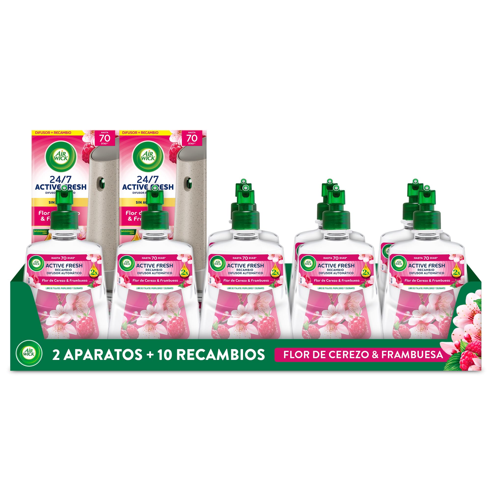 Air Wick Active Fresh Spray Automatico Sin Aerosol - Ambientador para casa con aroma a Flor de Cerezo & Frambuesa - Pack de 2 Aparatos + 10 Recambios (228mlx10)