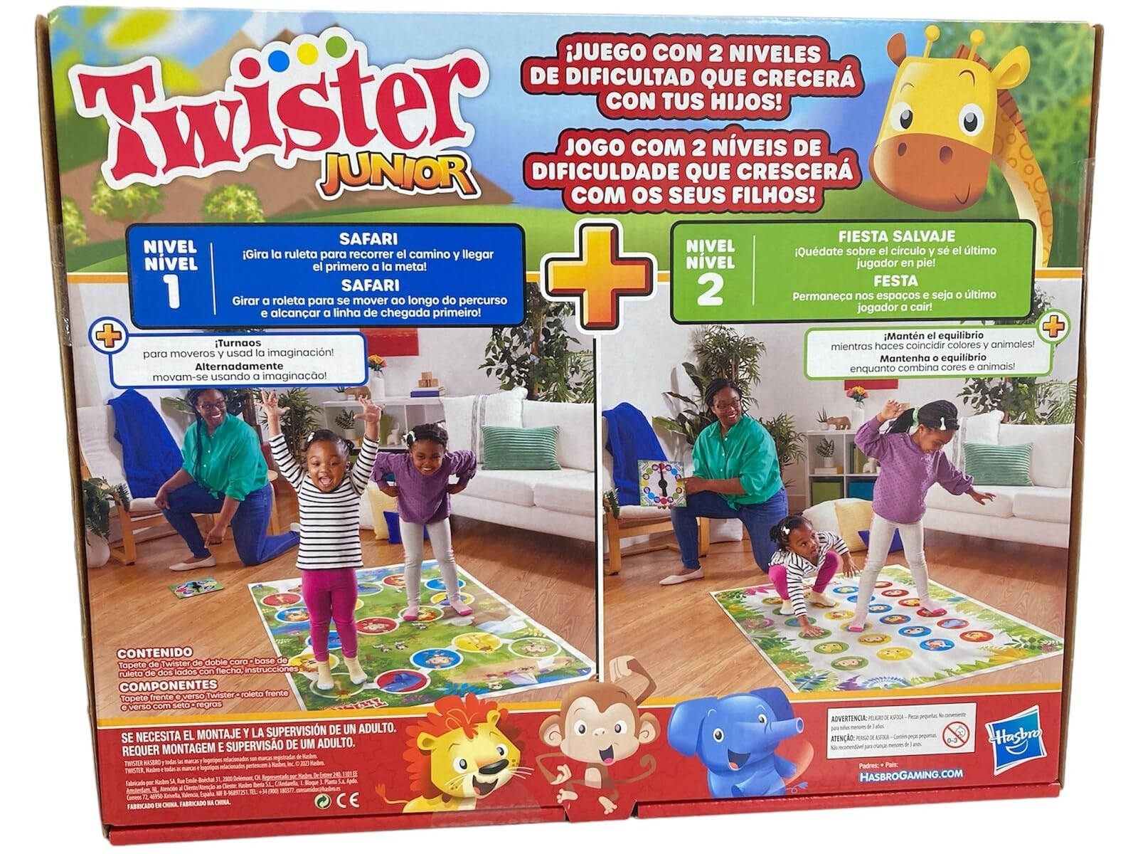 Hasbro Gaming Juego Twister Junior - Aventura con Animales - Tapete de 2 Lados 2 Juegos en 1 - Juego de Fiestas Interiores de 2 a 4 Jugadores - Juguete Infantil