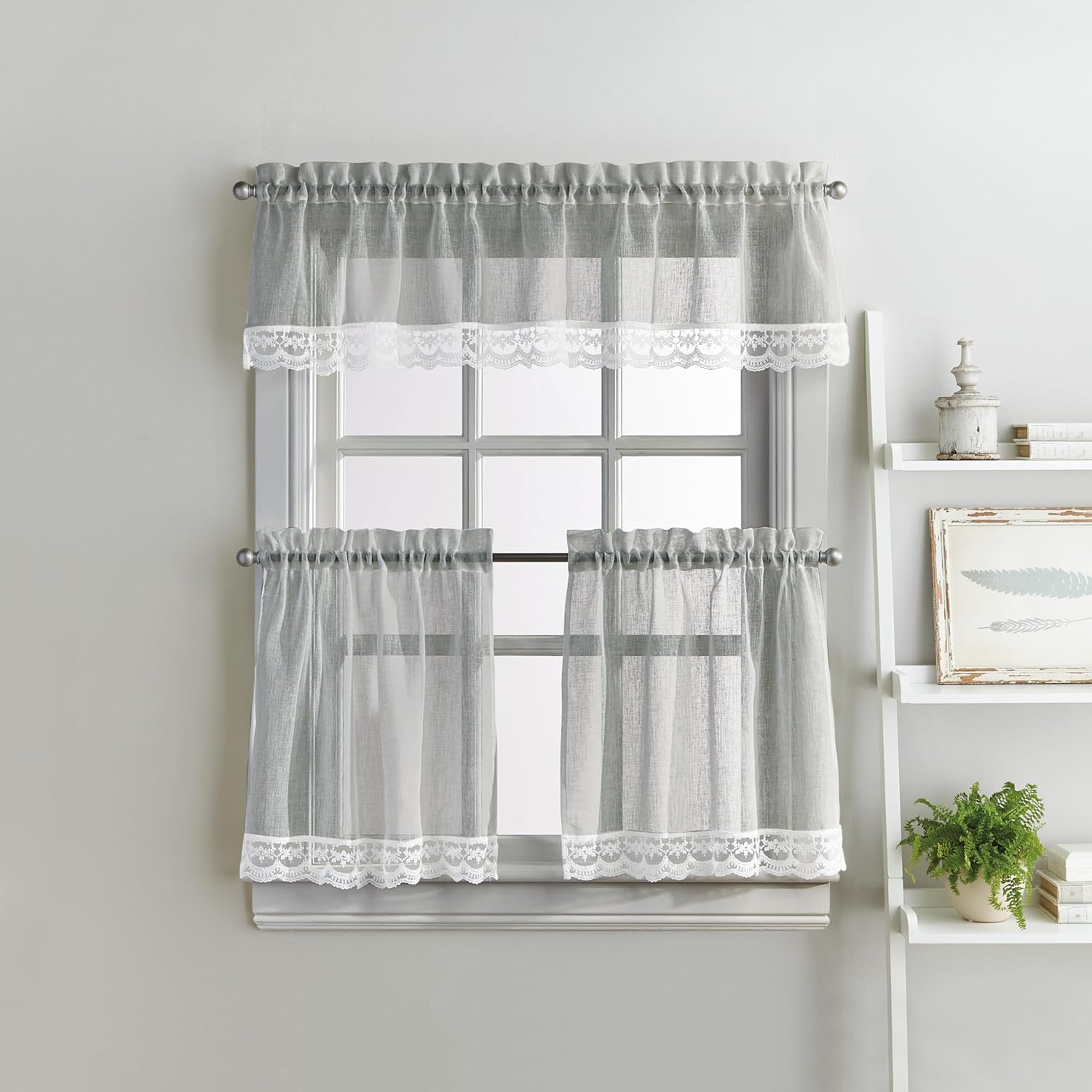 CHF Delicate Lace 3-Piece Kitchen Curtain Tier and Valance Set, Grey