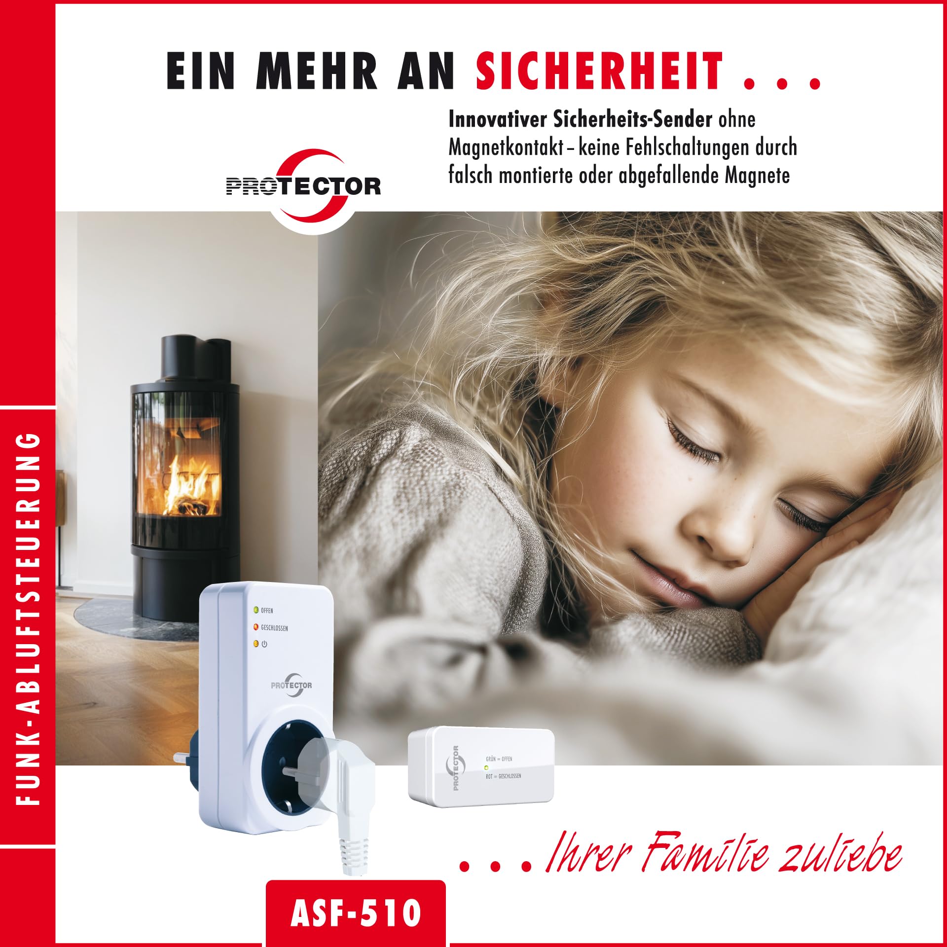 PROTECTOR Funk-Abluftsteuerung ASF-510 für Dunstabzugshauben – Mit neuem patentierten Fensterkontaktschalter ohne Magnet für mehr Sicherheit – Kabellose Installation – Fensterkontaktsensor