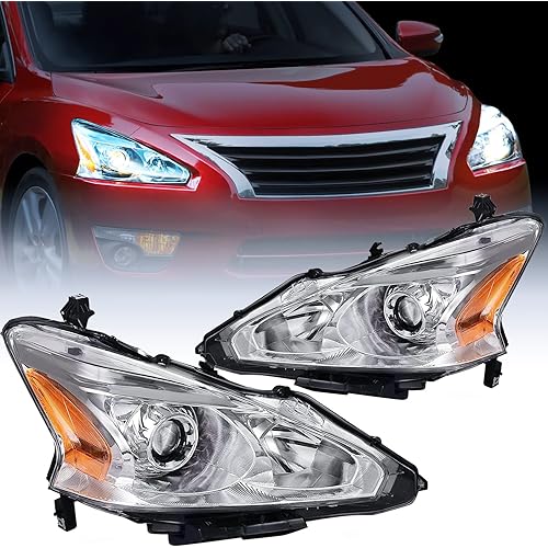 Nilight Headlight Assembly for 2013 2014 2015 Altima 4 Door Sedan Advance Base Exclusive SL S SV Sense Sedan 4 Door Replacement Headlamp Clear Projector Chrome Housing Amber Reflector,2 Years Warranty
