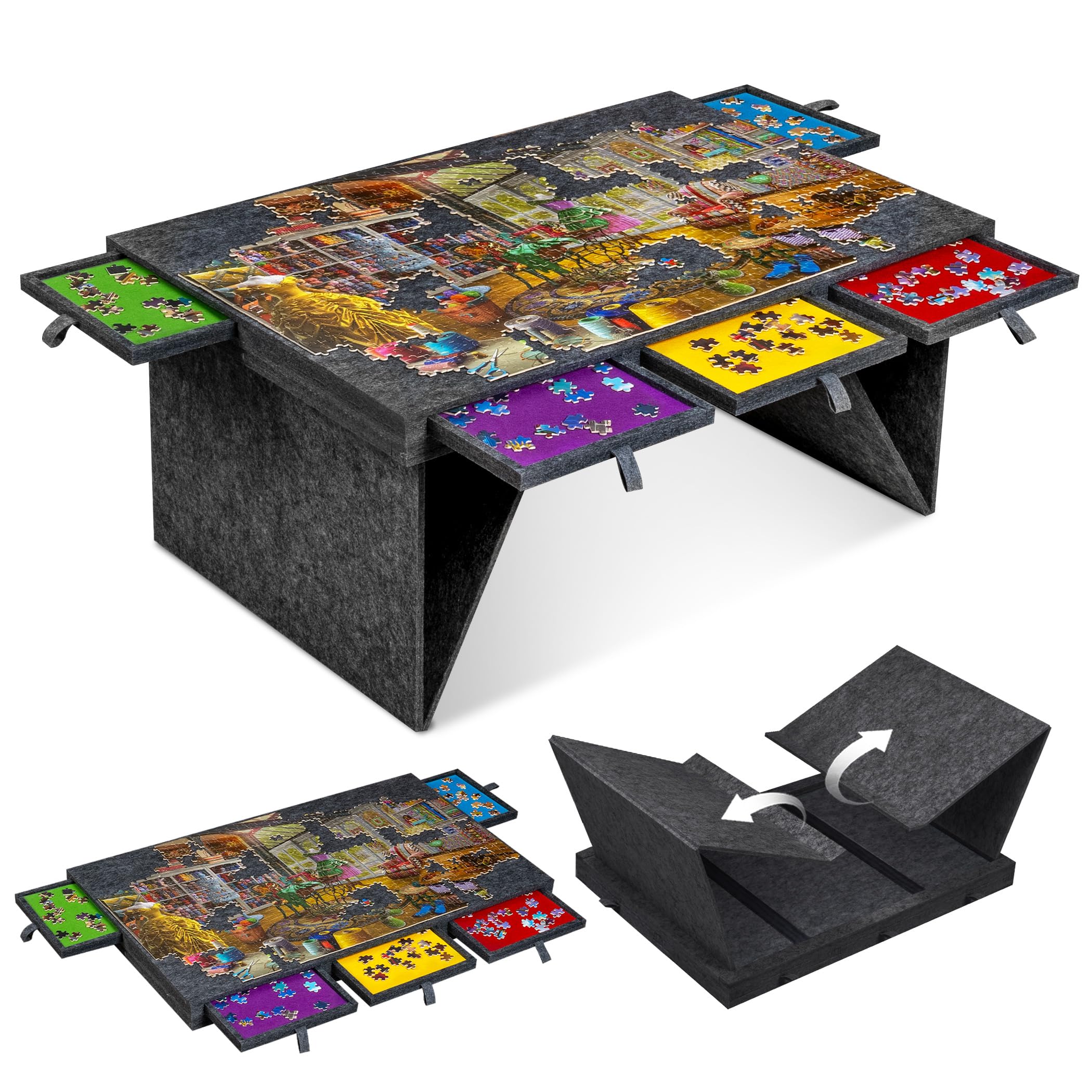 Jigpal 1000 Piece Jigsaw Puzzle Board with 5 Colored Drawers & Cover, Puzzle Table with Foldable Legs for Adults, Lightweight & Portable, for Jigsaw Puzzle 1000 Pieces - Gray